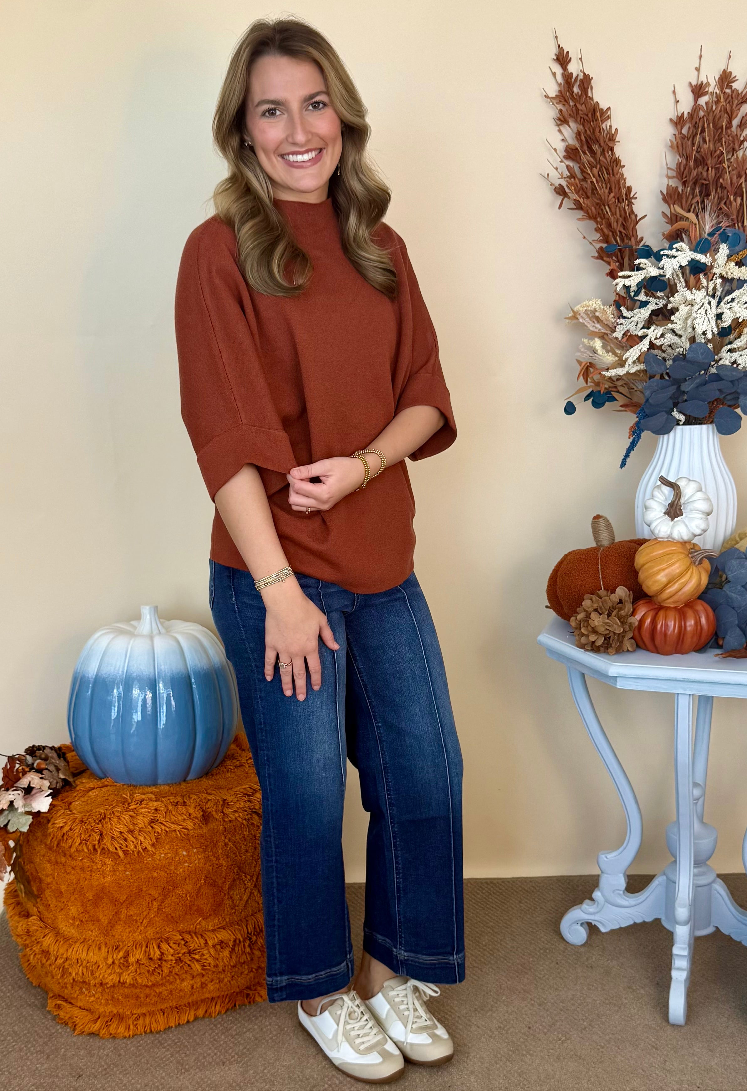 Sweater Weather Cinnamon Mock Neck Short Sleeve Sweater-Shop-Womens-Boutique-Clothing