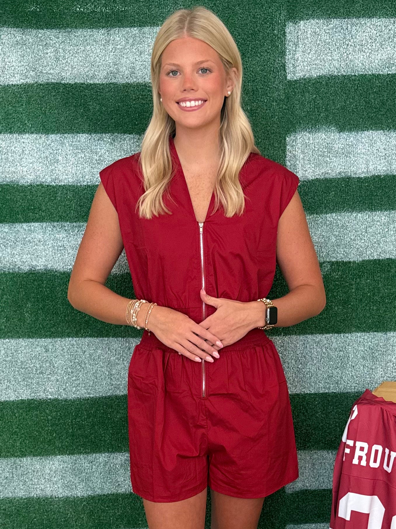 Stadium Days Garnet Smocked Waist Front Zip Romper-Shop-Womens-Boutique-Clothing