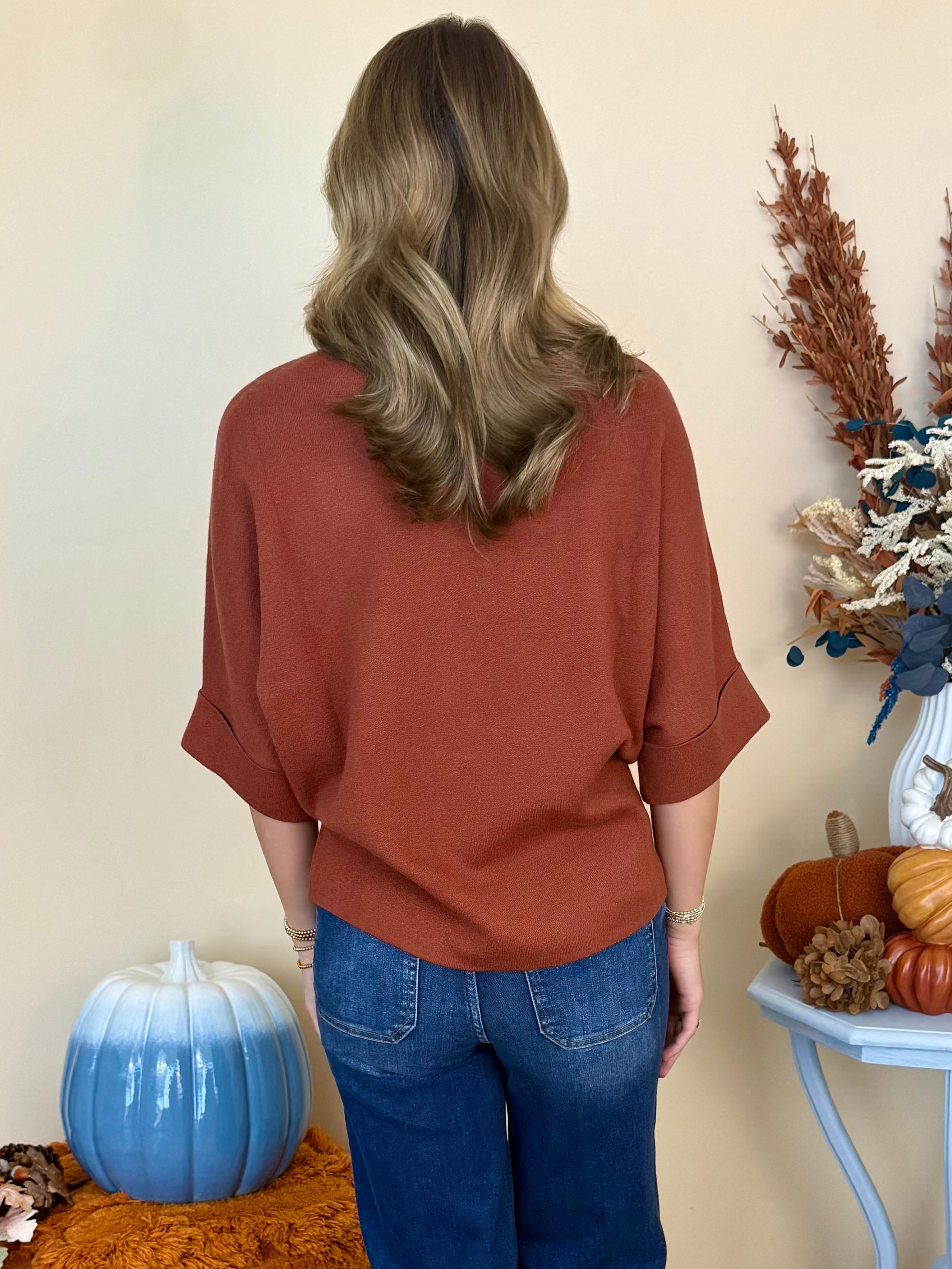 Sweater Weather Cinnamon Mock Neck Short Sleeve Sweater-Shop-Womens-Boutique-Clothing
