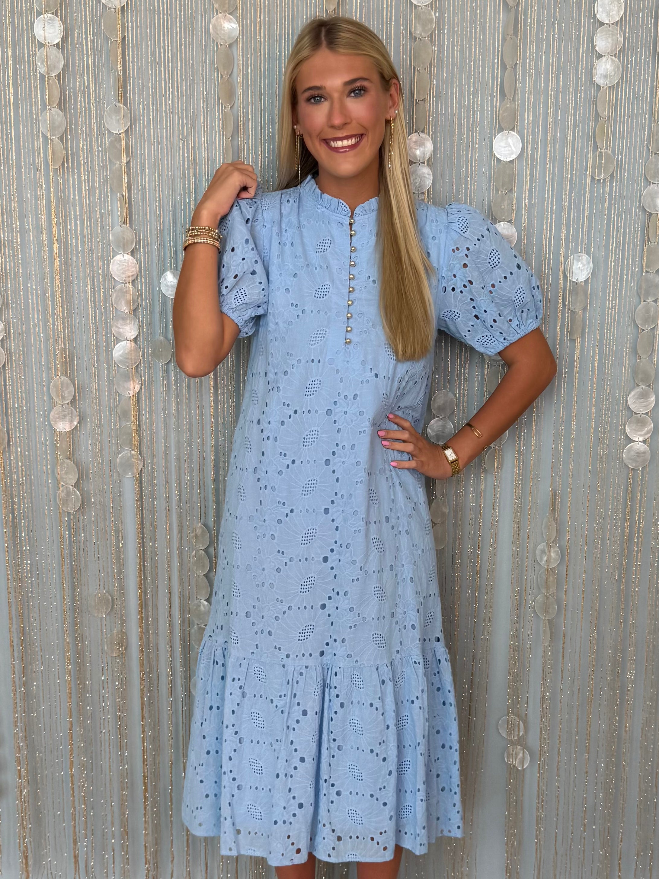 Seaside Treasure Blue Eyelet Button Front Midi Dress-Shop-Womens-Boutique-Clothing