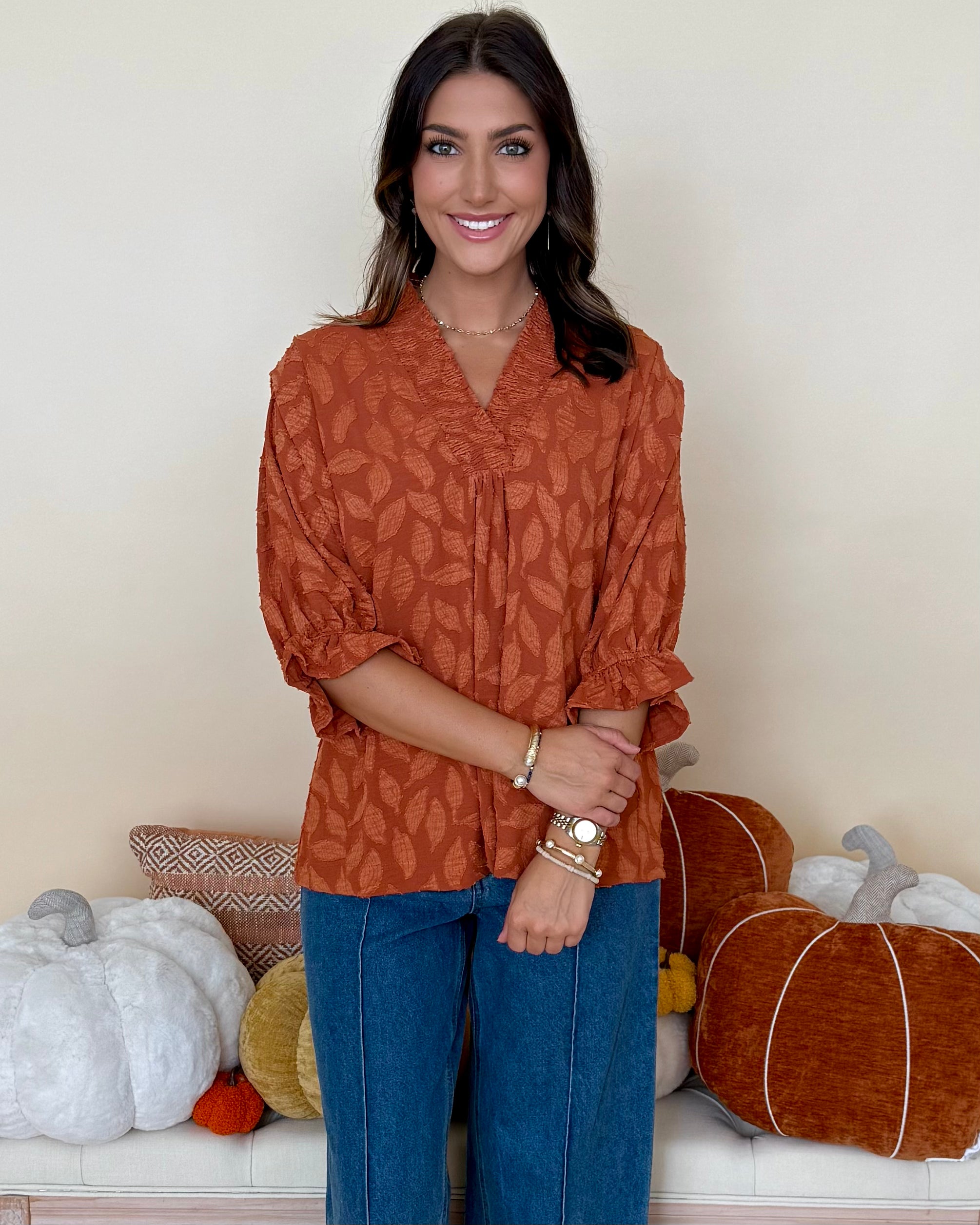 Sunkist Stroll Rust Floral Jacquard Top-Shop-Womens-Boutique-Clothing