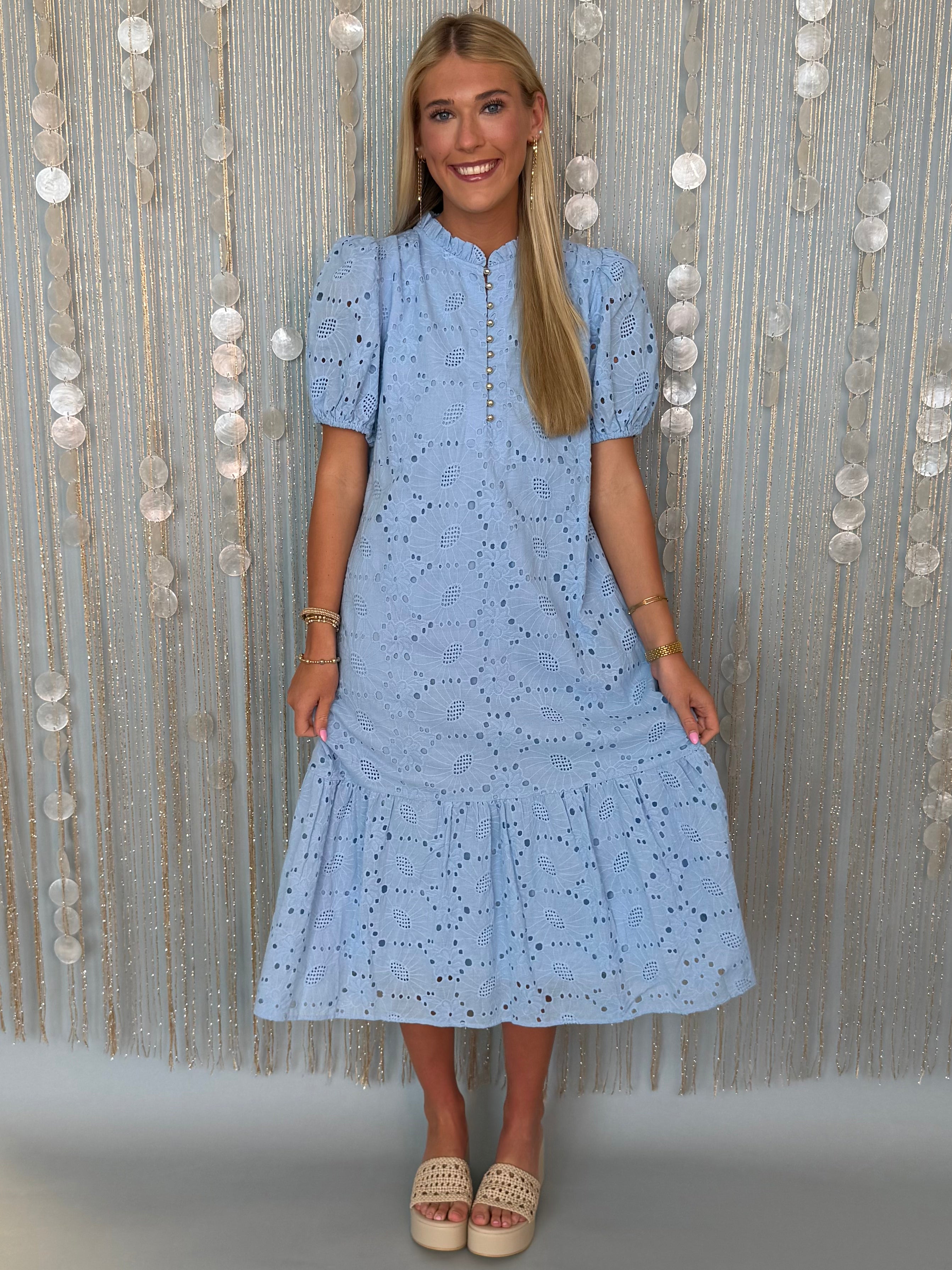 Seaside Treasure Blue Eyelet Button Front Midi Dress Large