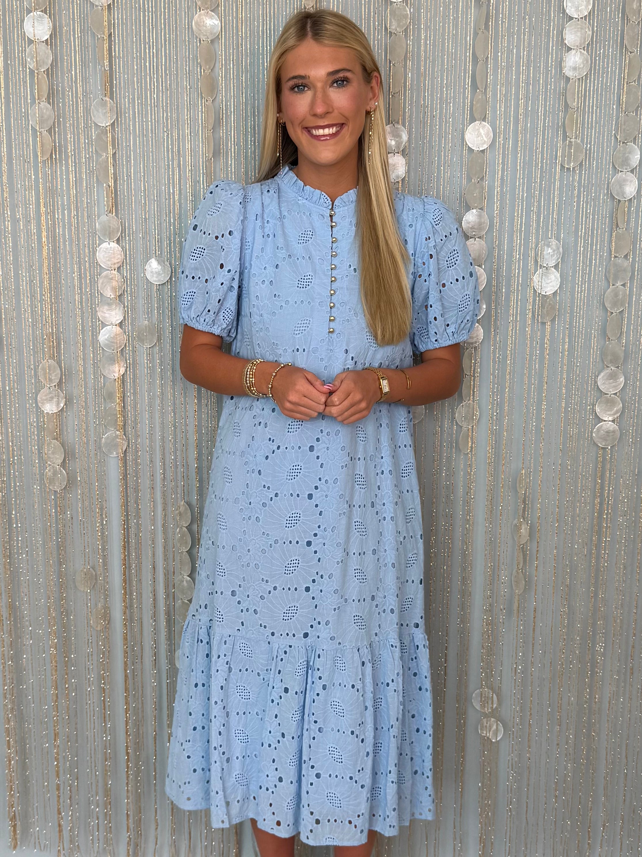 Seaside Treasure Blue Eyelet Button Front Midi Dress-Shop-Womens-Boutique-Clothing