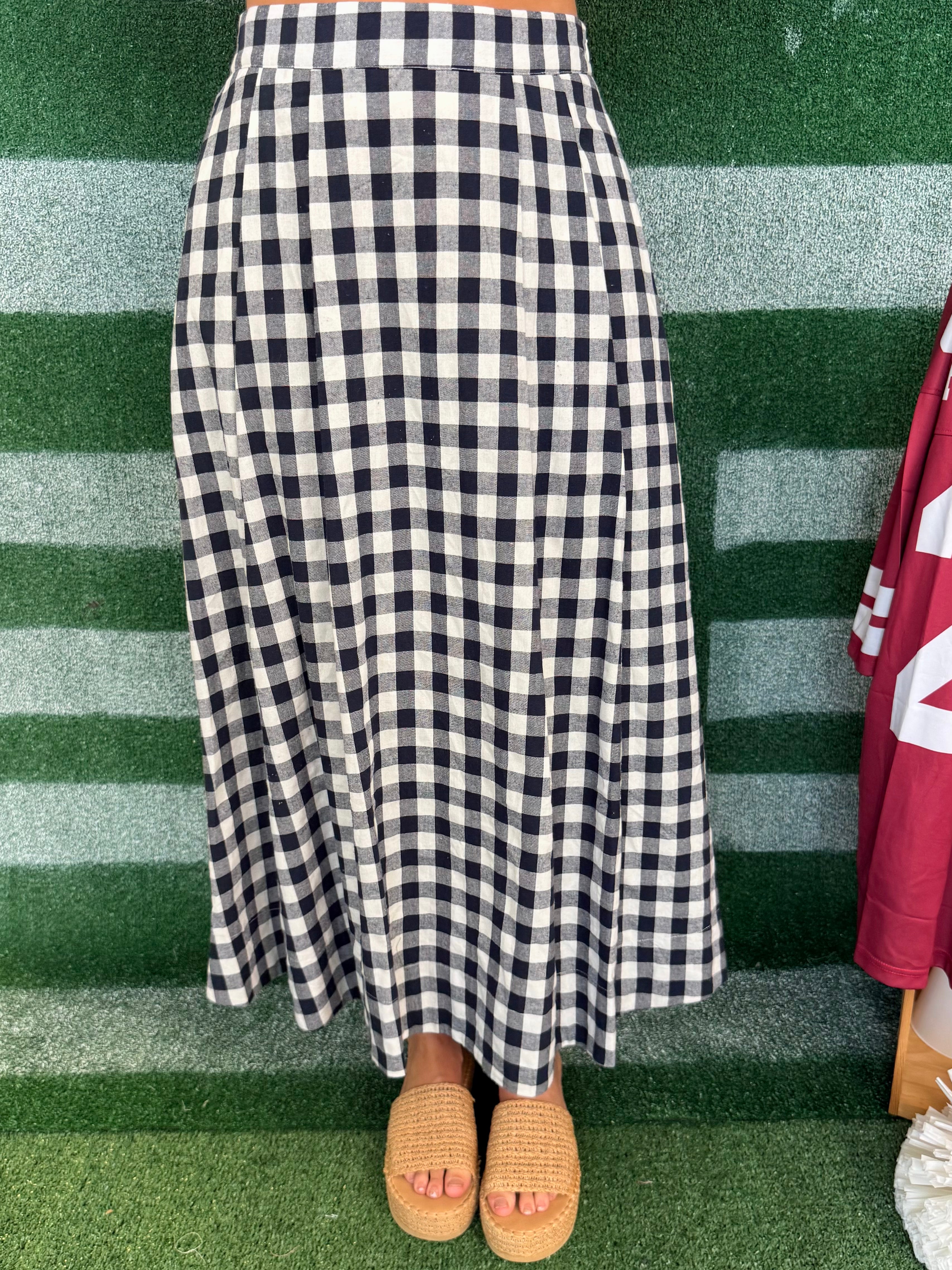 Around Town Navy Gingham Midi Skirt-Shop-Womens-Boutique-Clothing