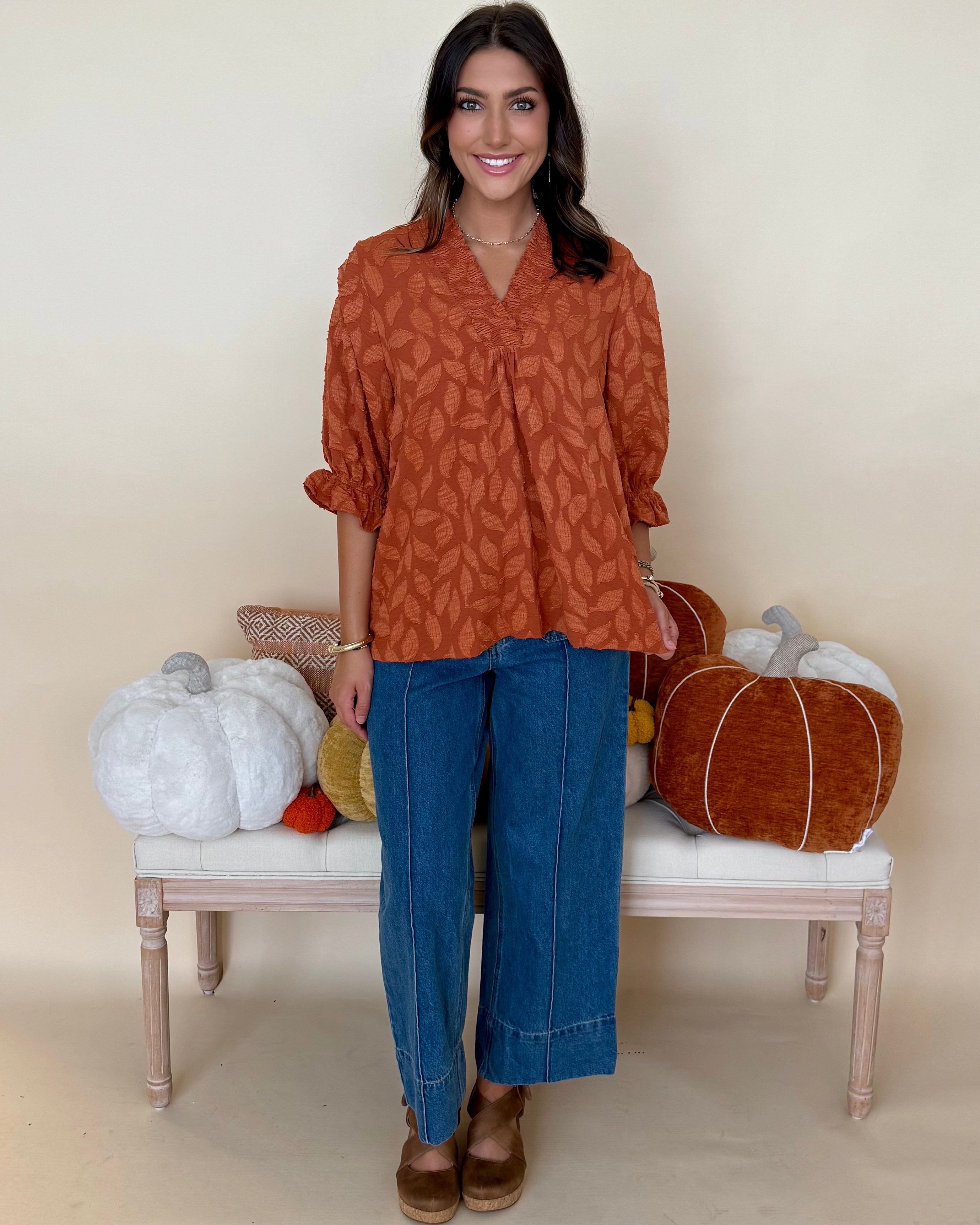 Sunkist Stroll Rust Floral Jacquard Top-Shop-Womens-Boutique-Clothing