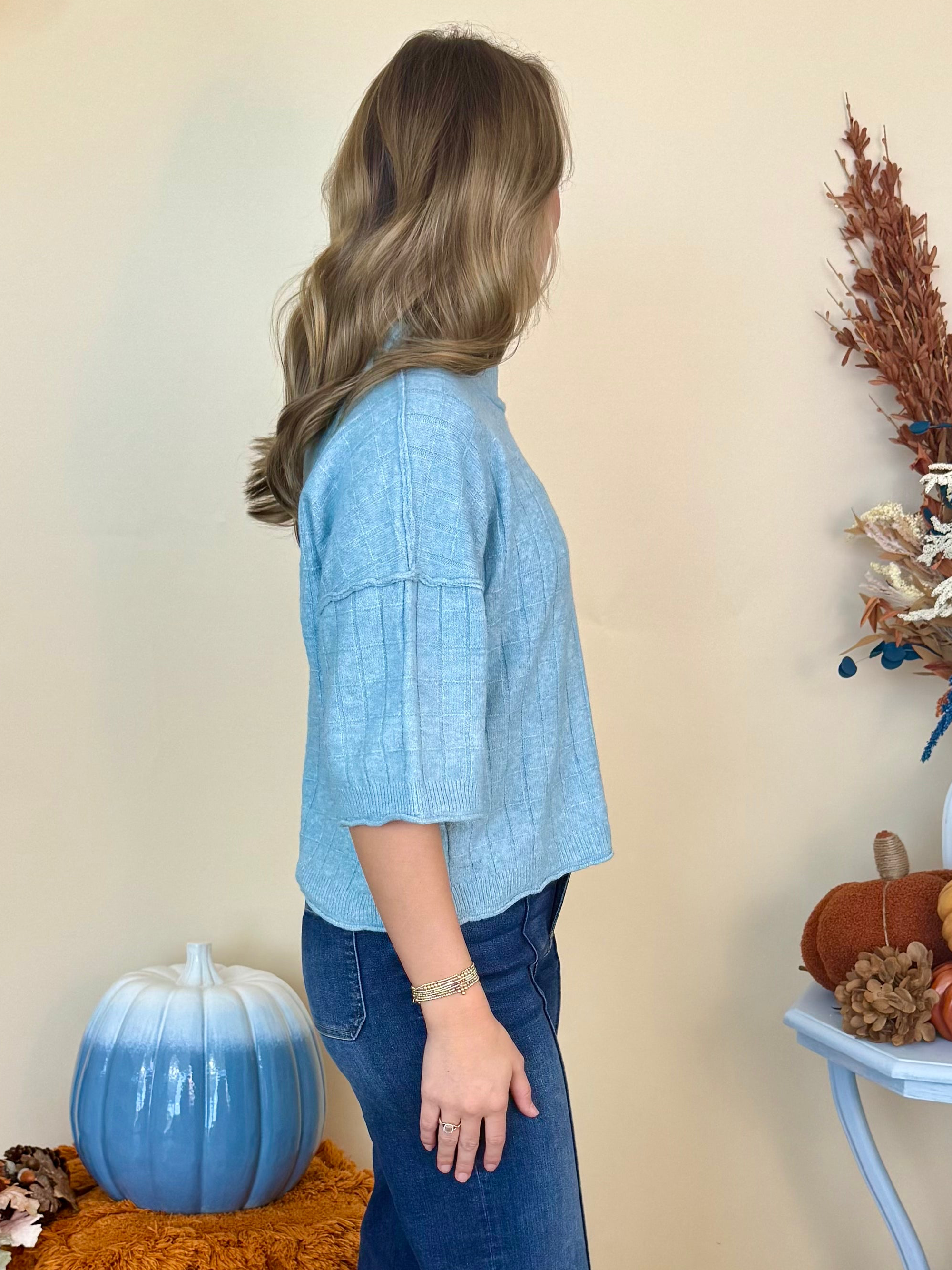 Good Thinking Blue Cropped Neck Ribbed Knit Sweater-Shop-Womens-Boutique-Clothing