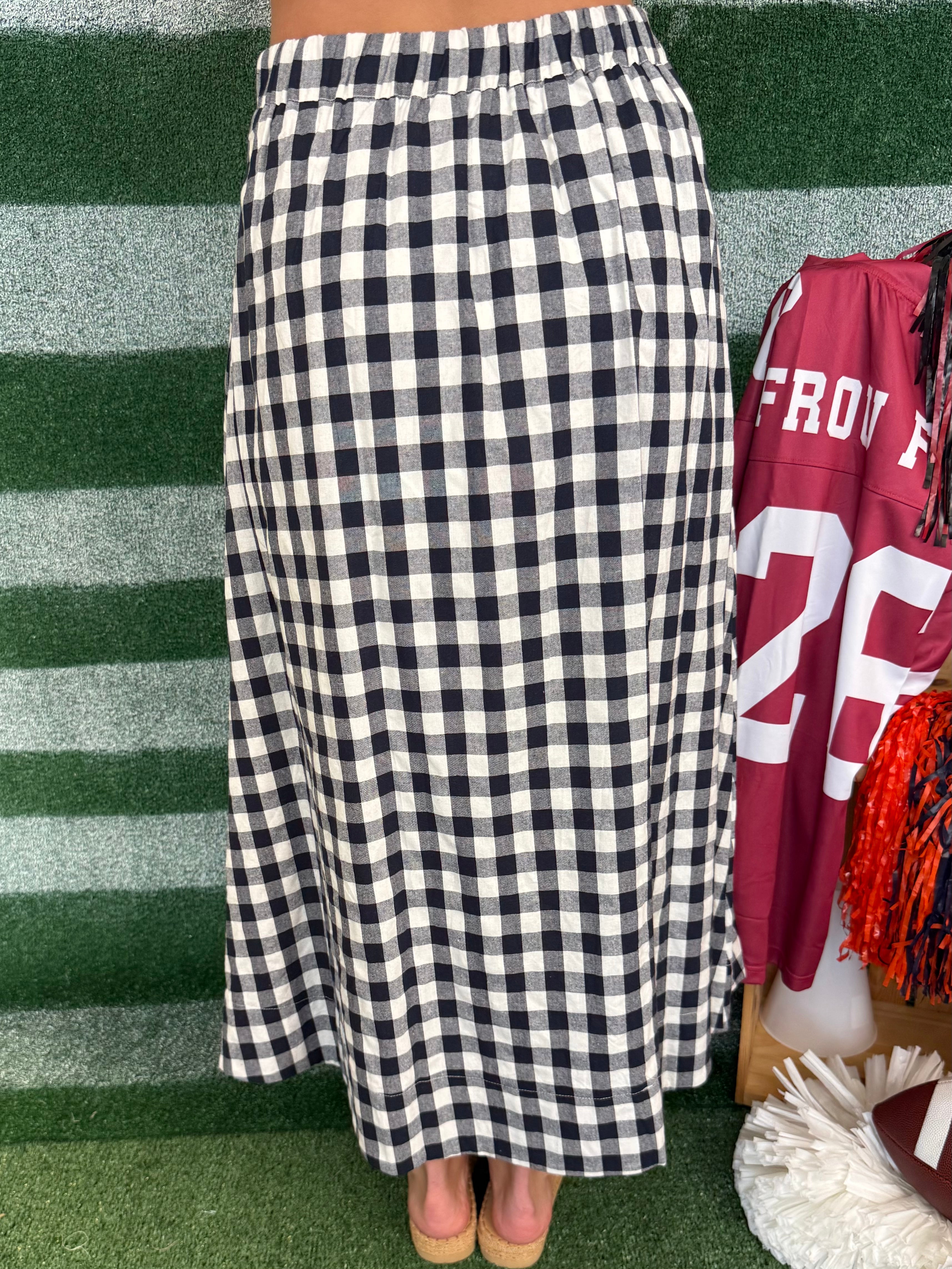 Around Town Navy Gingham Midi Skirt-Shop-Womens-Boutique-Clothing