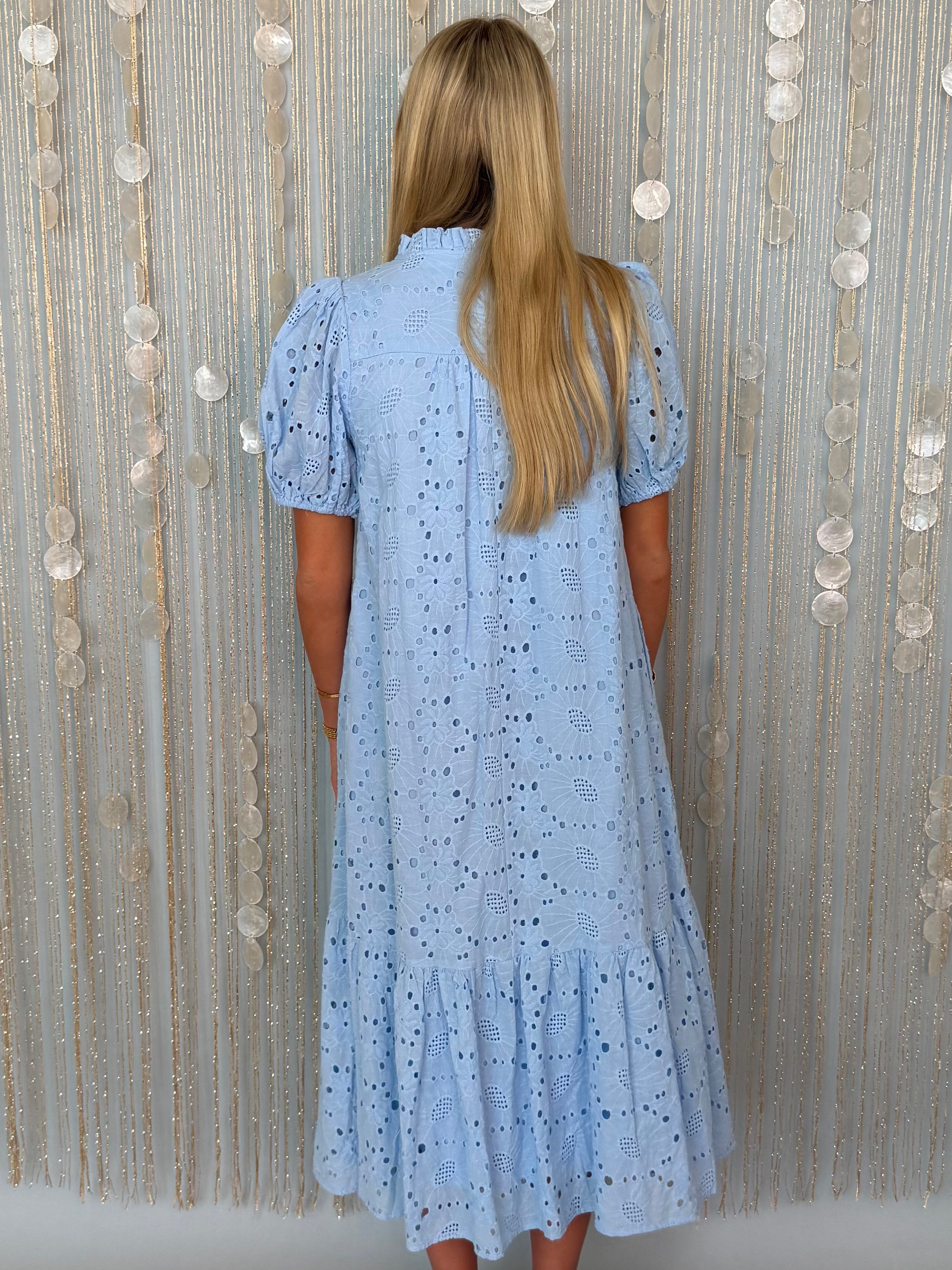 Seaside Treasure Blue Eyelet Button Front Midi Dress-Shop-Womens-Boutique-Clothing