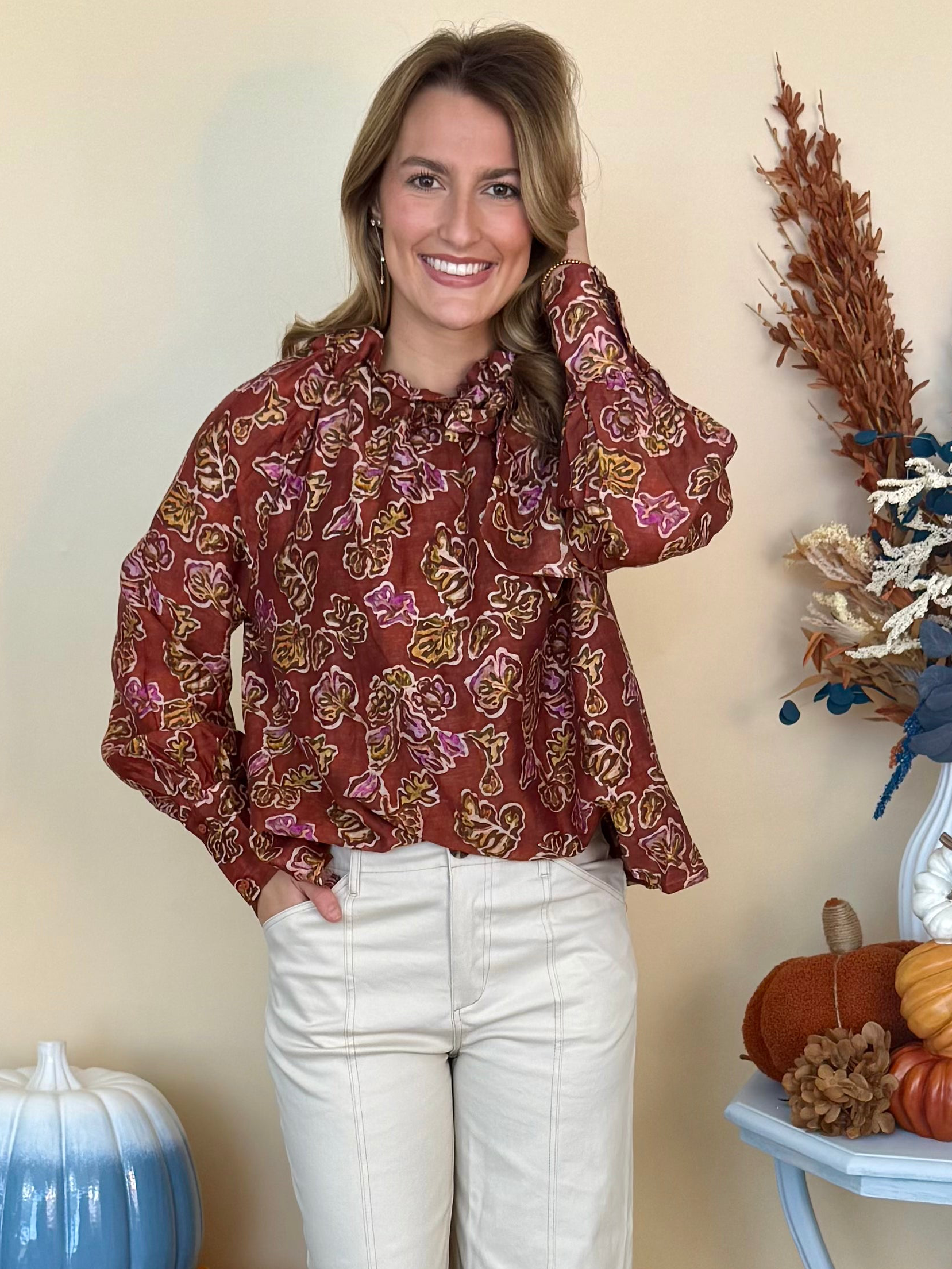 The Edit Brick Ruffle Tie Neck Printed Top-Shop-Womens-Boutique-Clothing