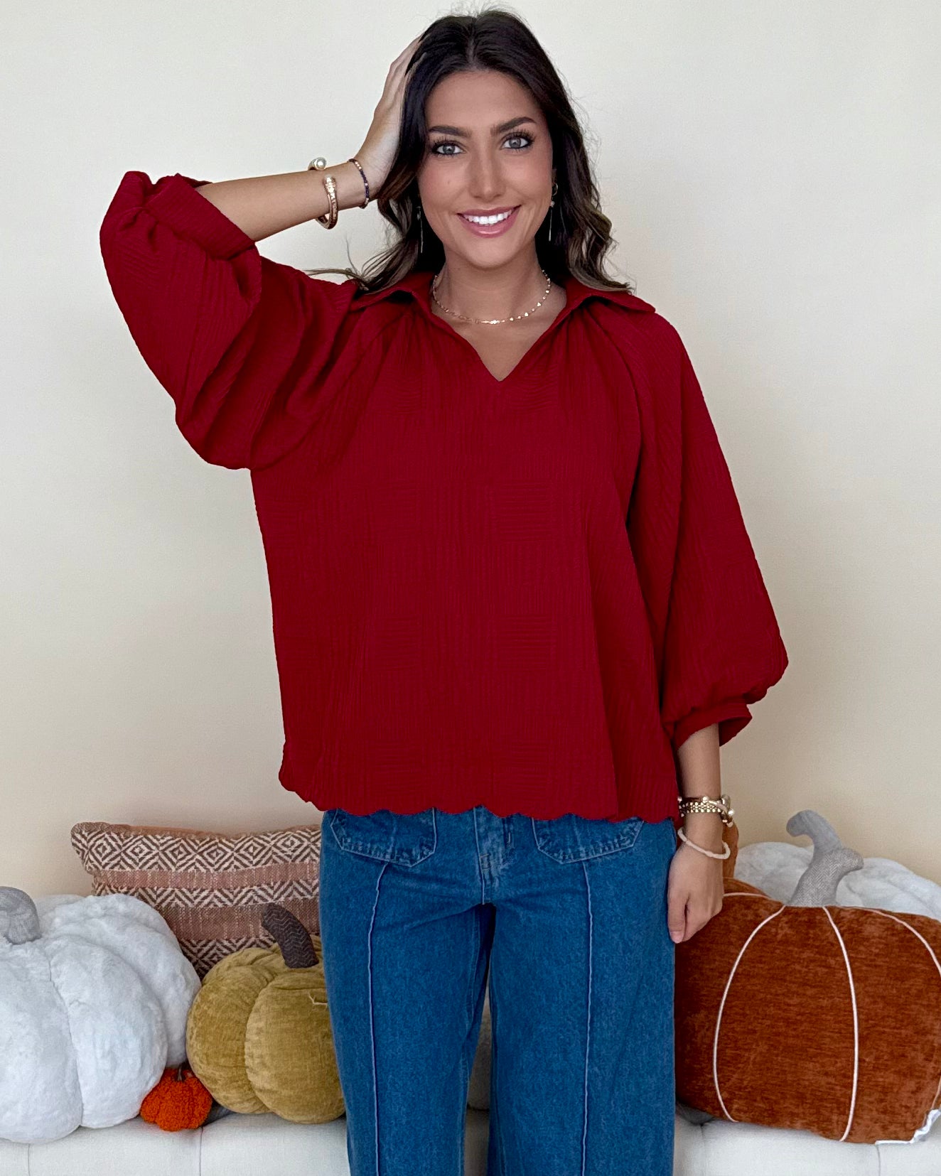 Falling Leaves Crimson Scallop Top-Shop-Womens-Boutique-Clothing