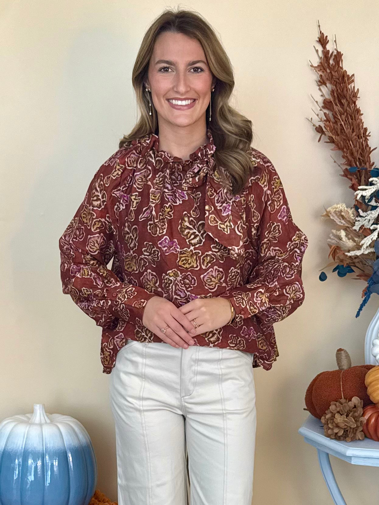 The Edit Brick Ruffle Tie Neck Printed Top-Shop-Womens-Boutique-Clothing