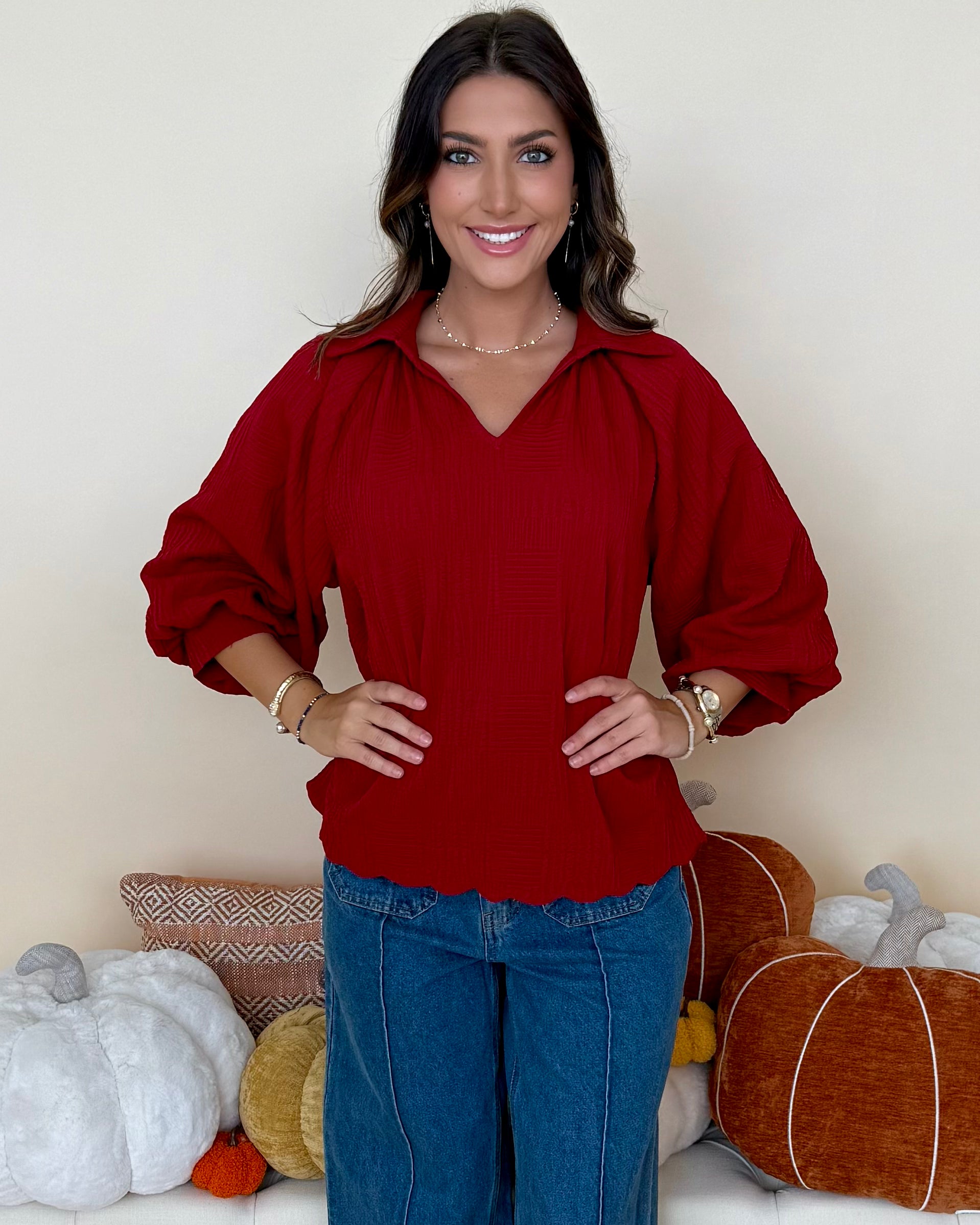 Falling Leaves Crimson Scallop Top-Shop-Womens-Boutique-Clothing