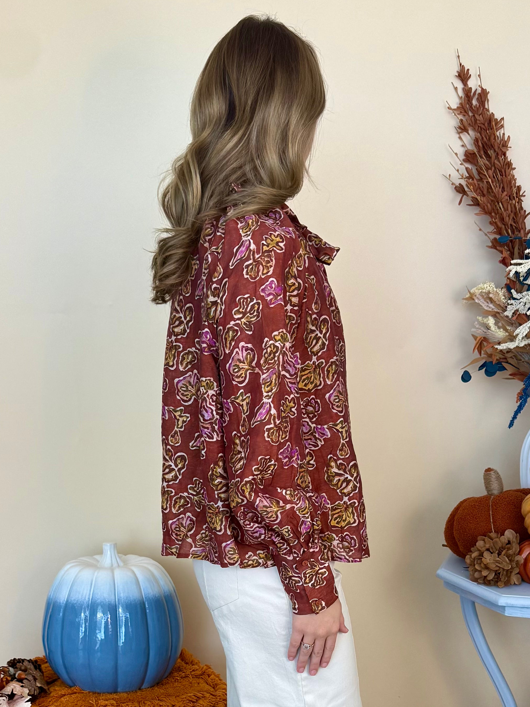 The Edit Brick Ruffle Tie Neck Printed Top-Shop-Womens-Boutique-Clothing