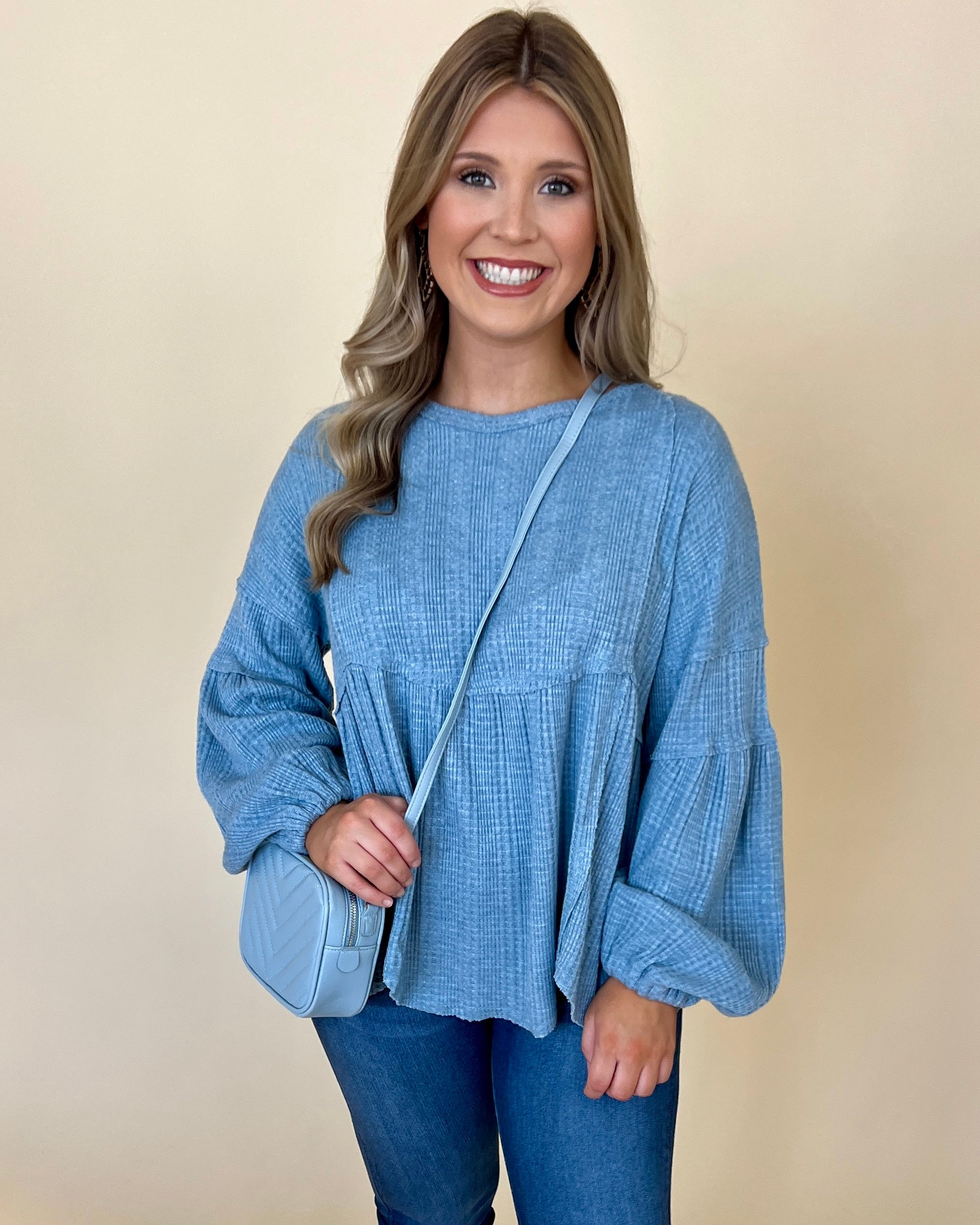 Just One Denim Textured Babydoll Top-Shop-Womens-Boutique-Clothing