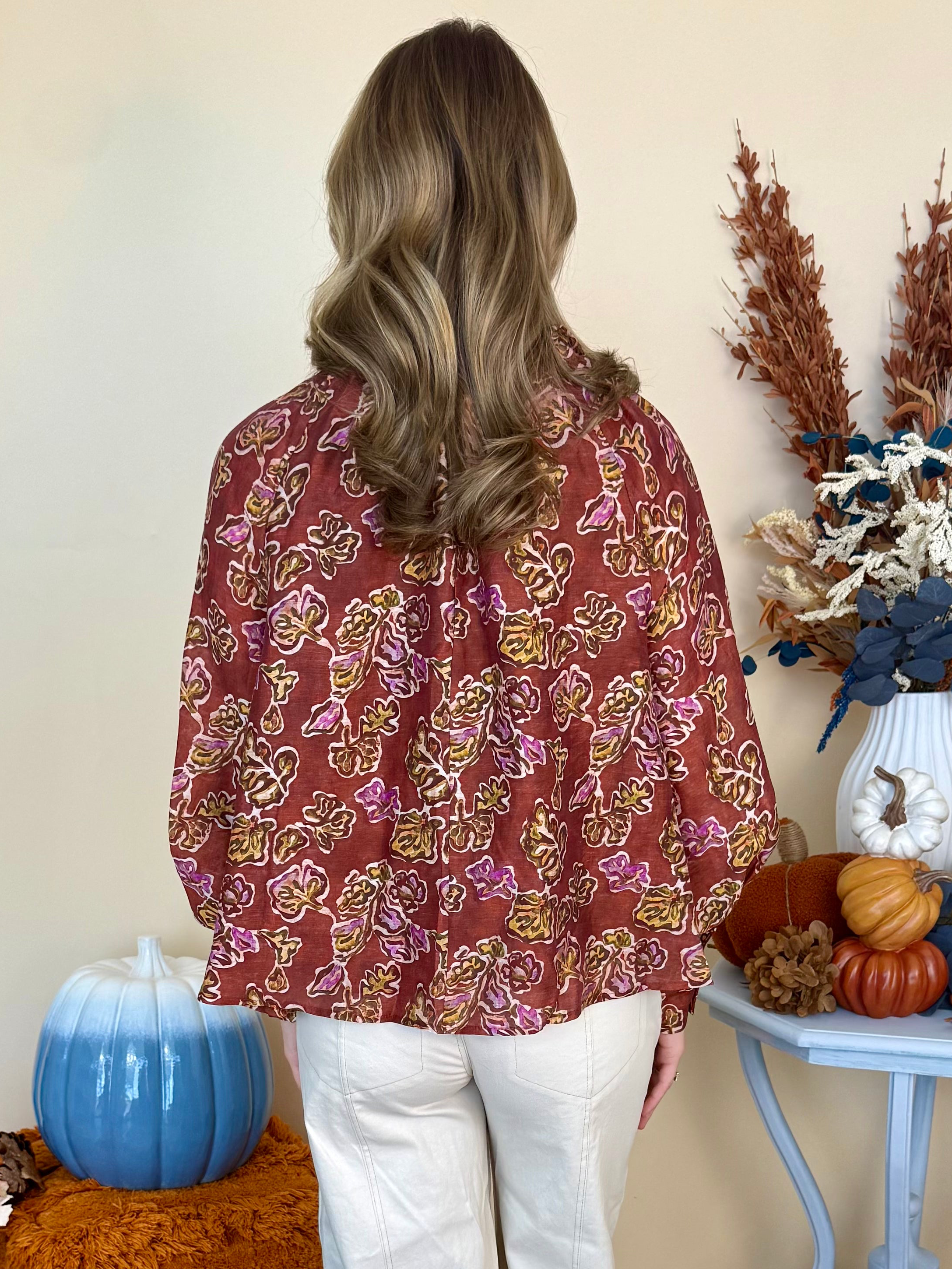 The Edit Brick Ruffle Tie Neck Printed Top-Shop-Womens-Boutique-Clothing