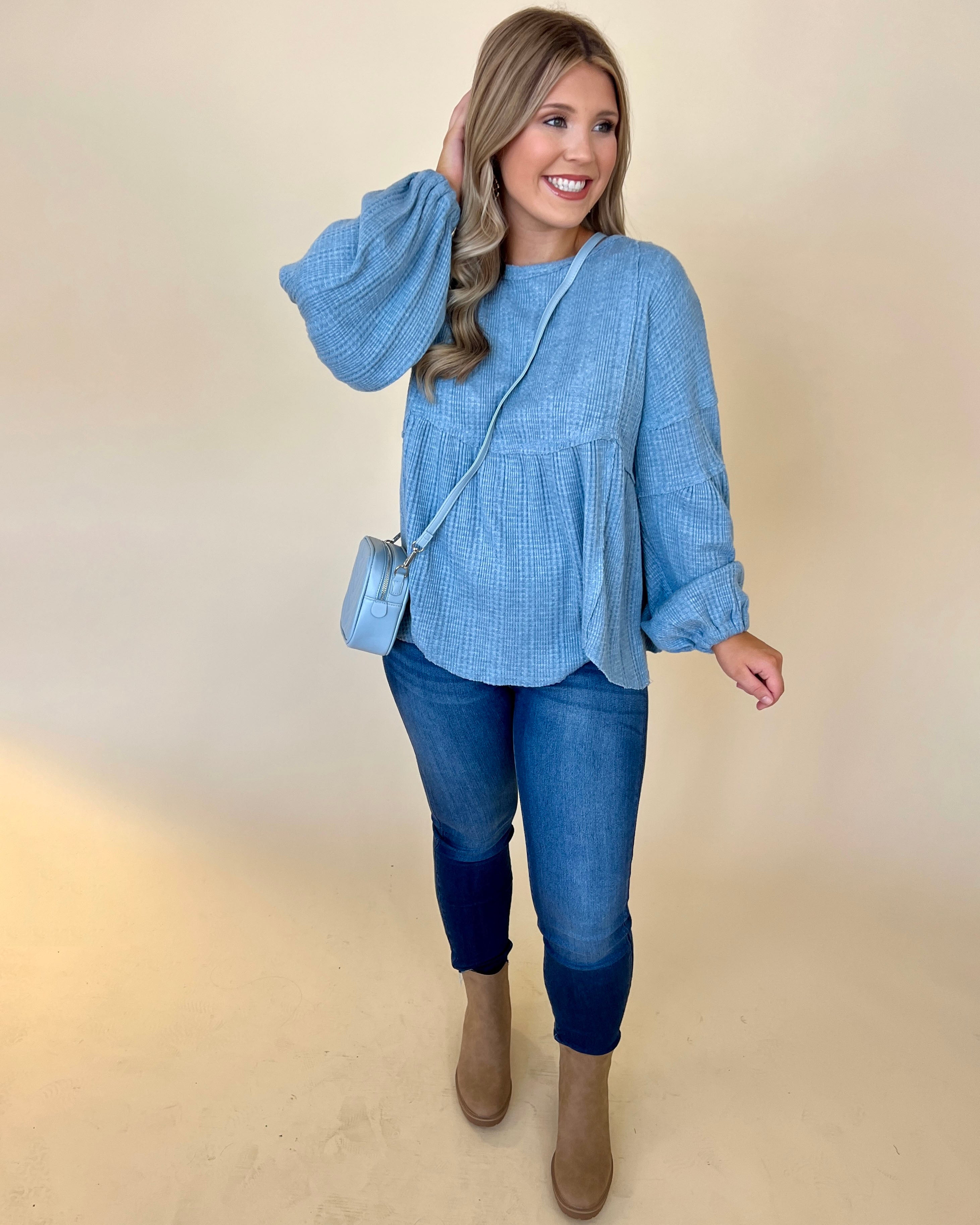 Just One Denim Textured Babydoll Top-Shop-Womens-Boutique-Clothing