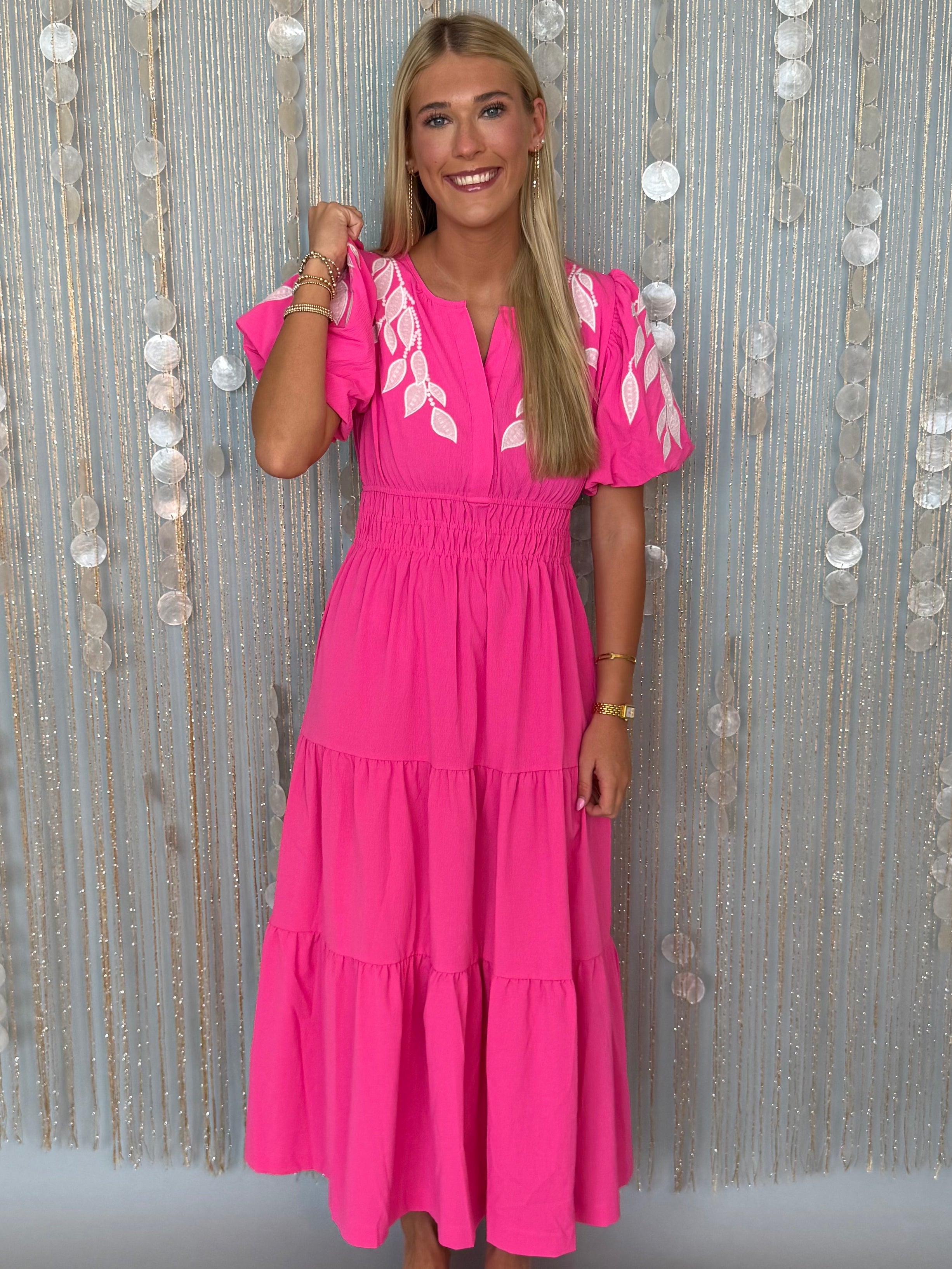Lush Escape Hot Pink Applique V Neck Midi Dress Medium