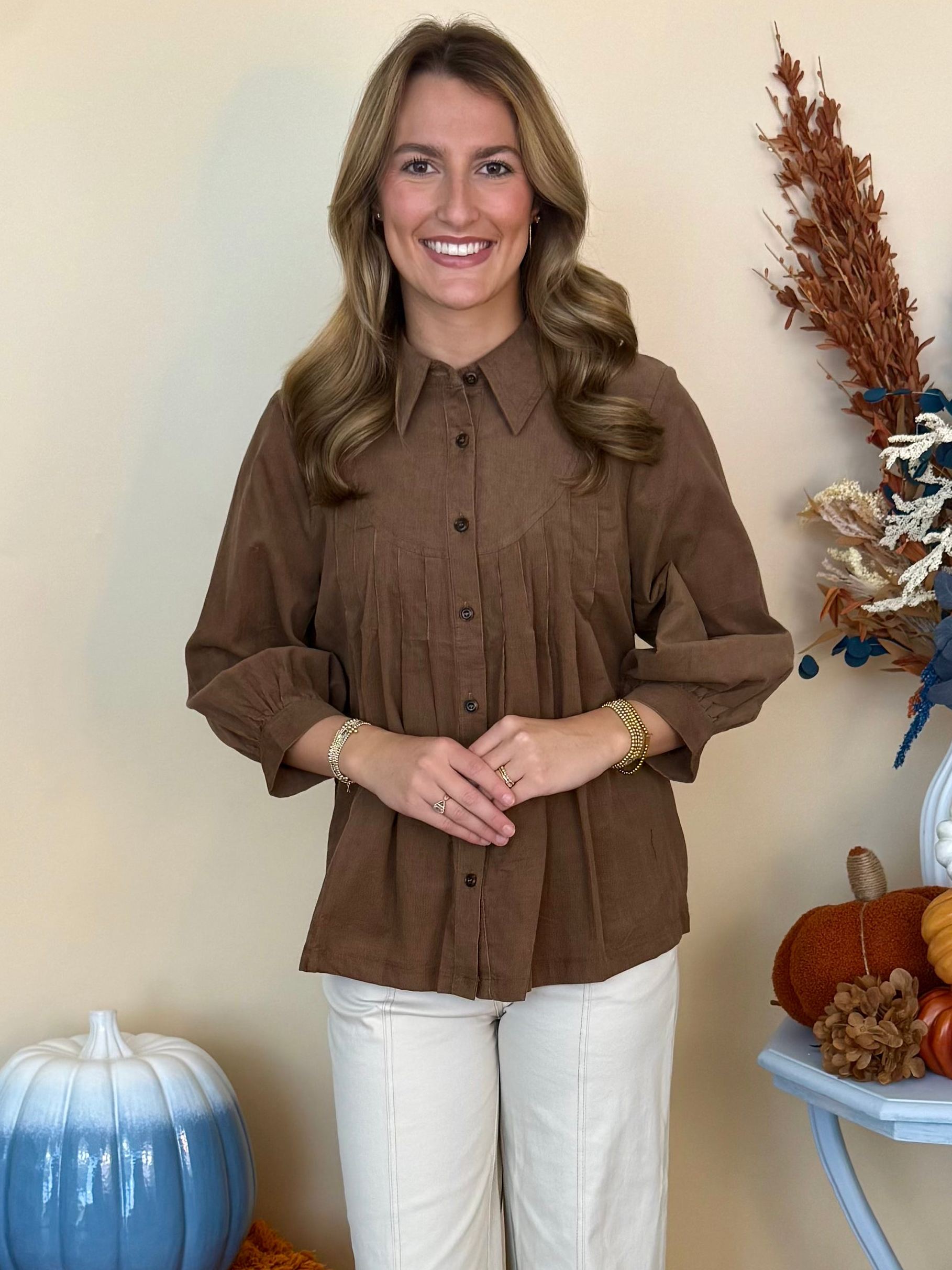 In the Details Mocha Pleated Button Down Corduroy Top-Shop-Womens-Boutique-Clothing