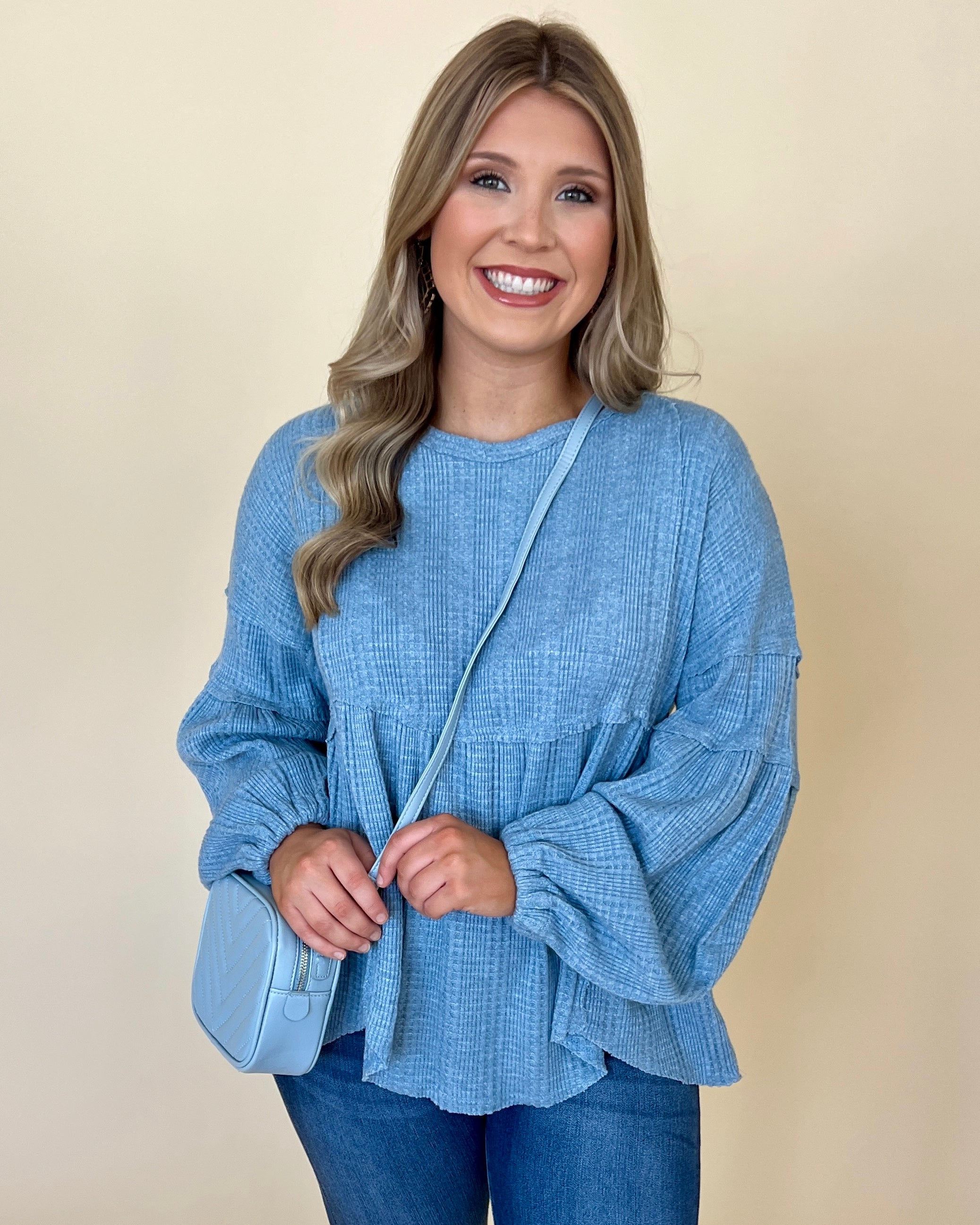 Just One Denim Textured Babydoll Top-Shop-Womens-Boutique-Clothing