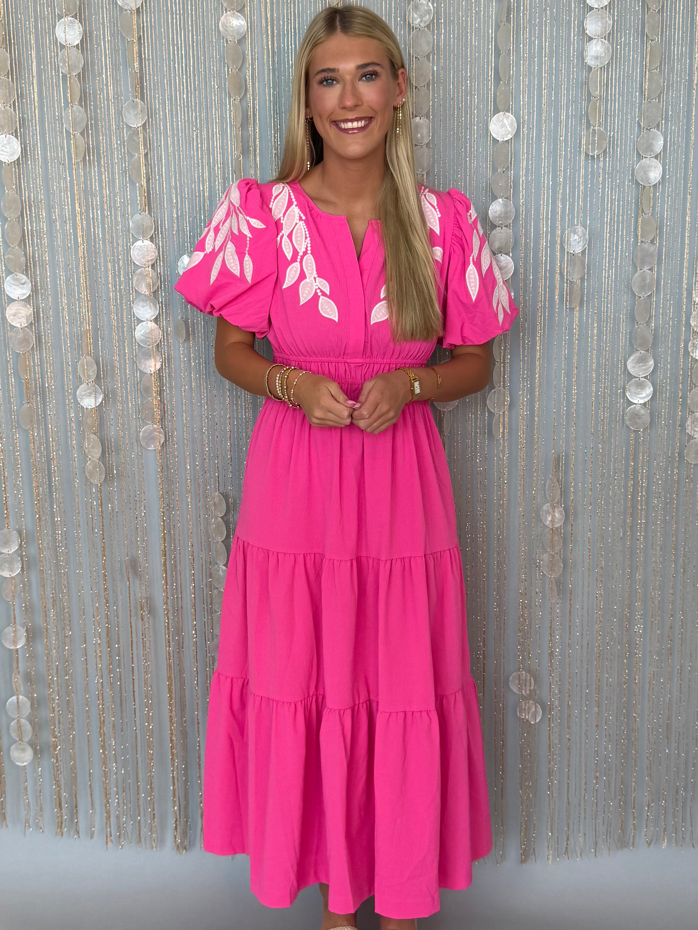 Lush Escape Hot Pink Applique V Neck Midi Dress Medium Lush Escape Hot Pink Applique V Neck Midi Dress Medium