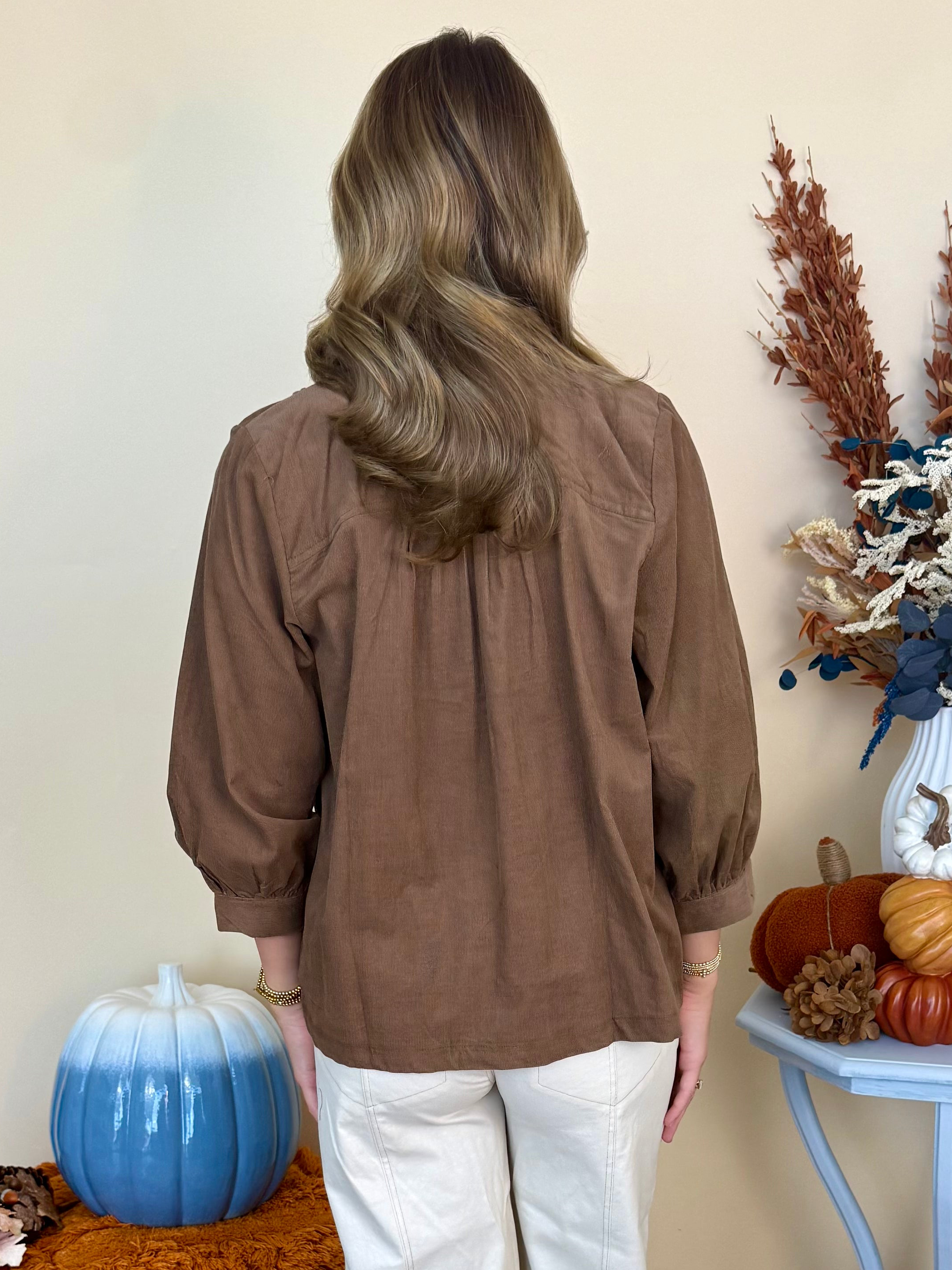 In the Details Mocha Pleated Button Down Corduroy Top-Shop-Womens-Boutique-Clothing