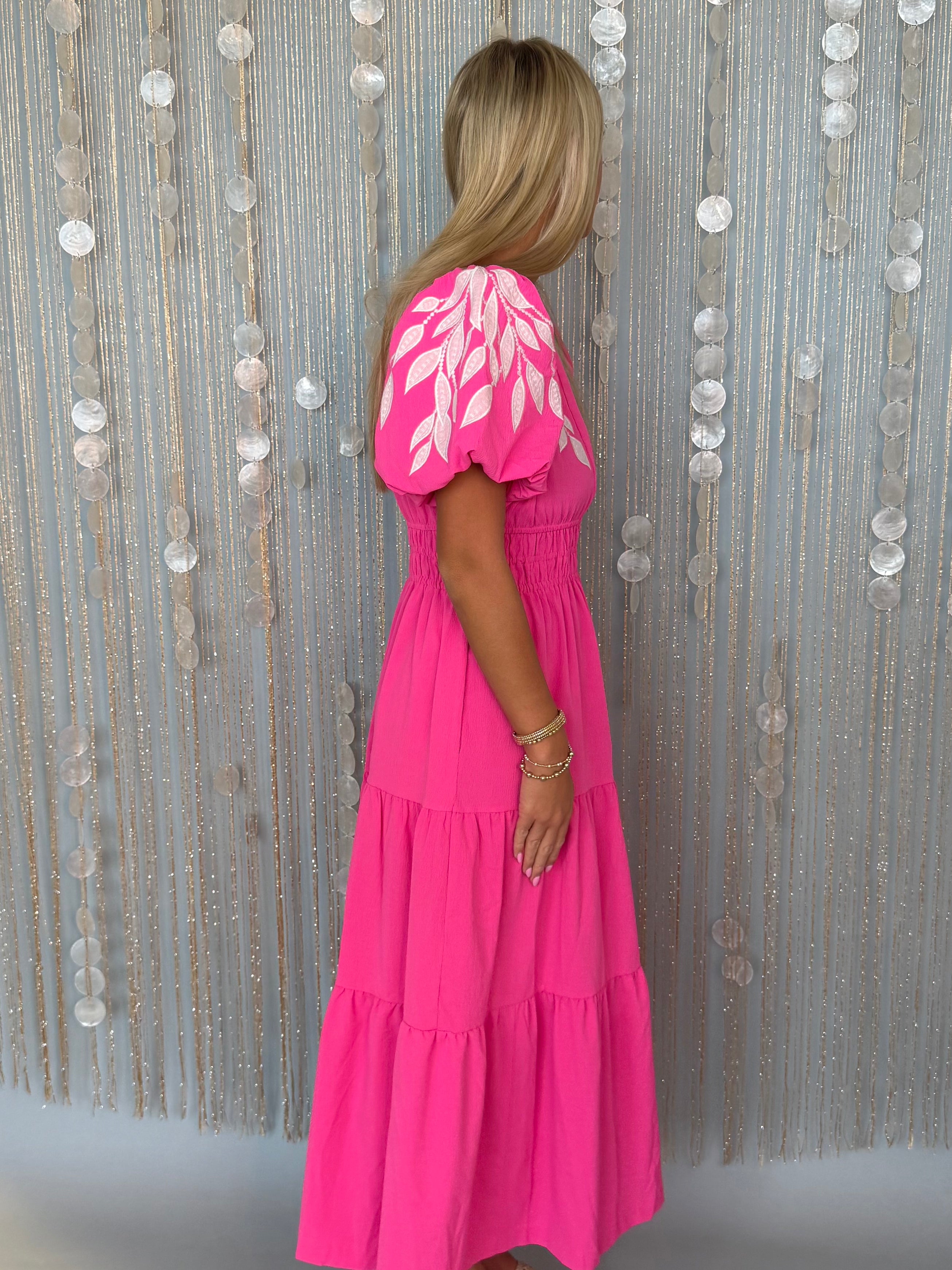 Lush Escape Hot Pink Applique V Neck Midi Dress Medium