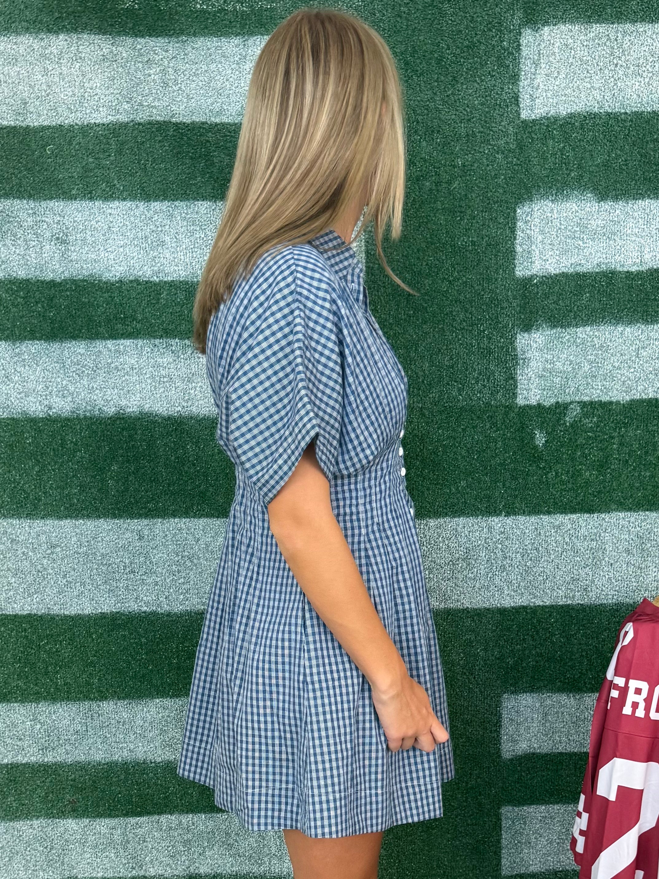 Saturday Spirit Teal Blue Gingham Button Front Dress-Shop-Womens-Boutique-Clothing
