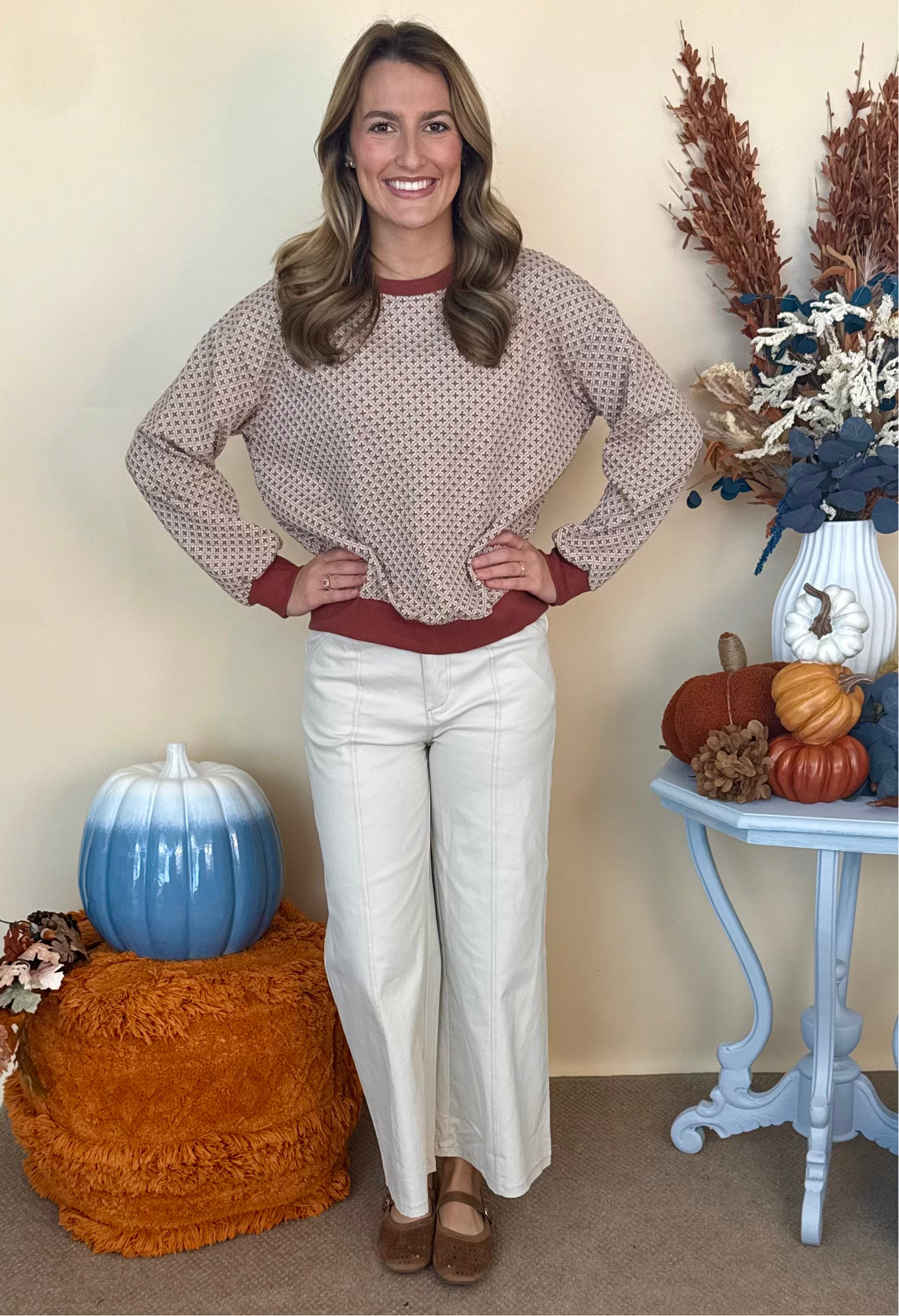 Casual Cutie Rust Jacquard Long Sleeve Top-Shop-Womens-Boutique-Clothing