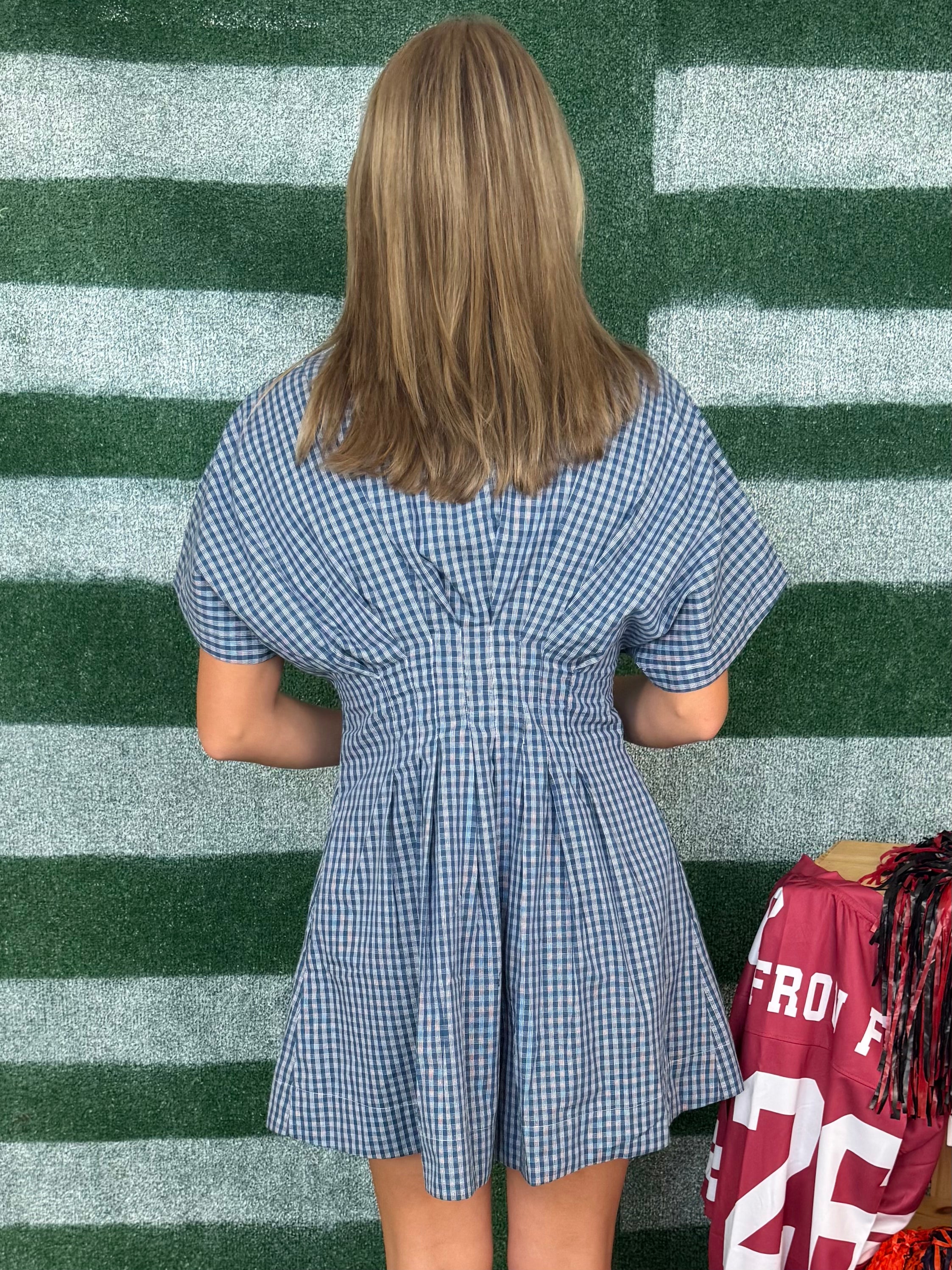 Saturday Spirit Teal Blue Gingham Button Front Dress-Shop-Womens-Boutique-Clothing