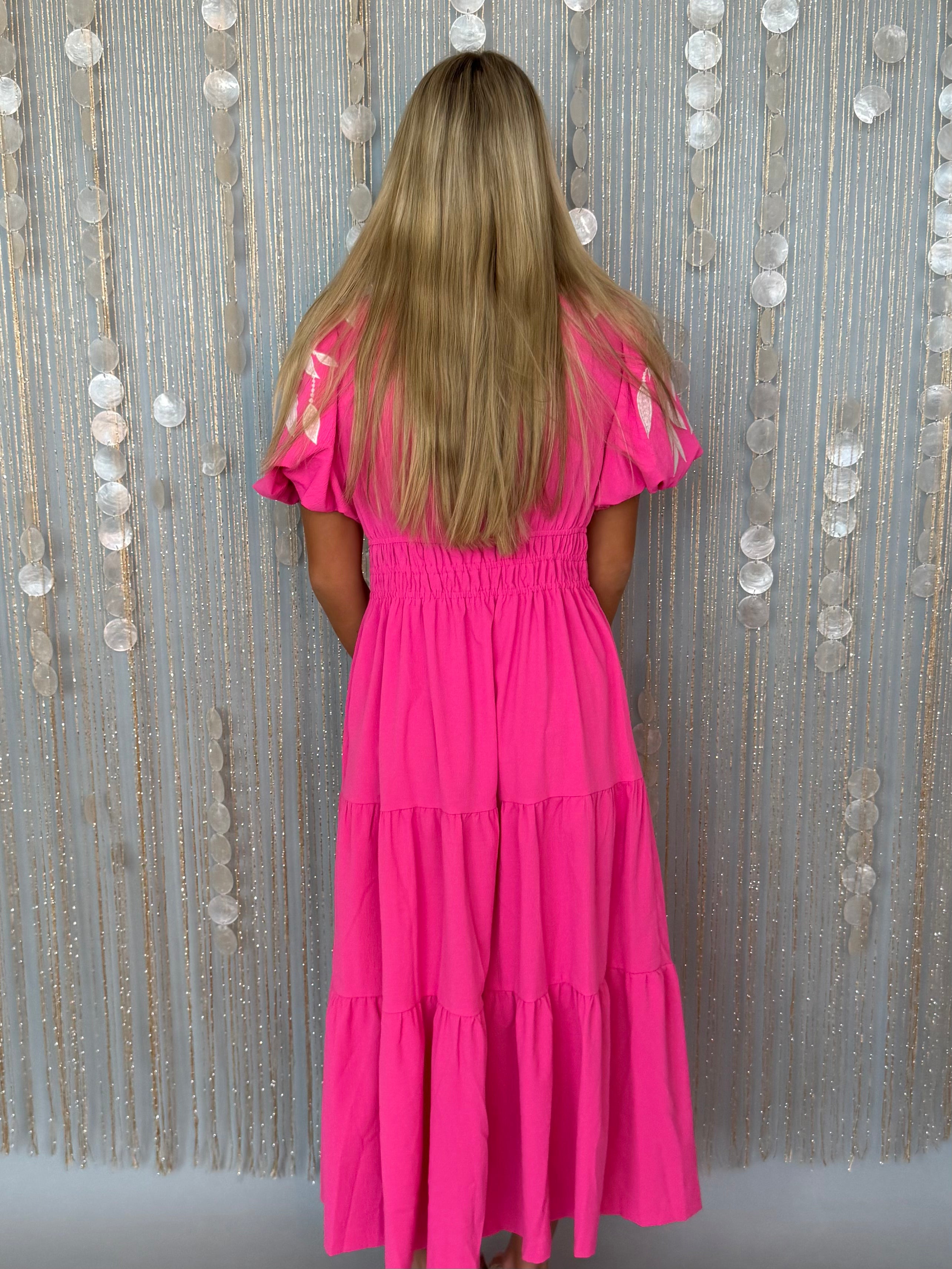 Lush Escape Hot Pink Applique V Neck Midi Dress-Shop-Womens-Boutique-Clothing