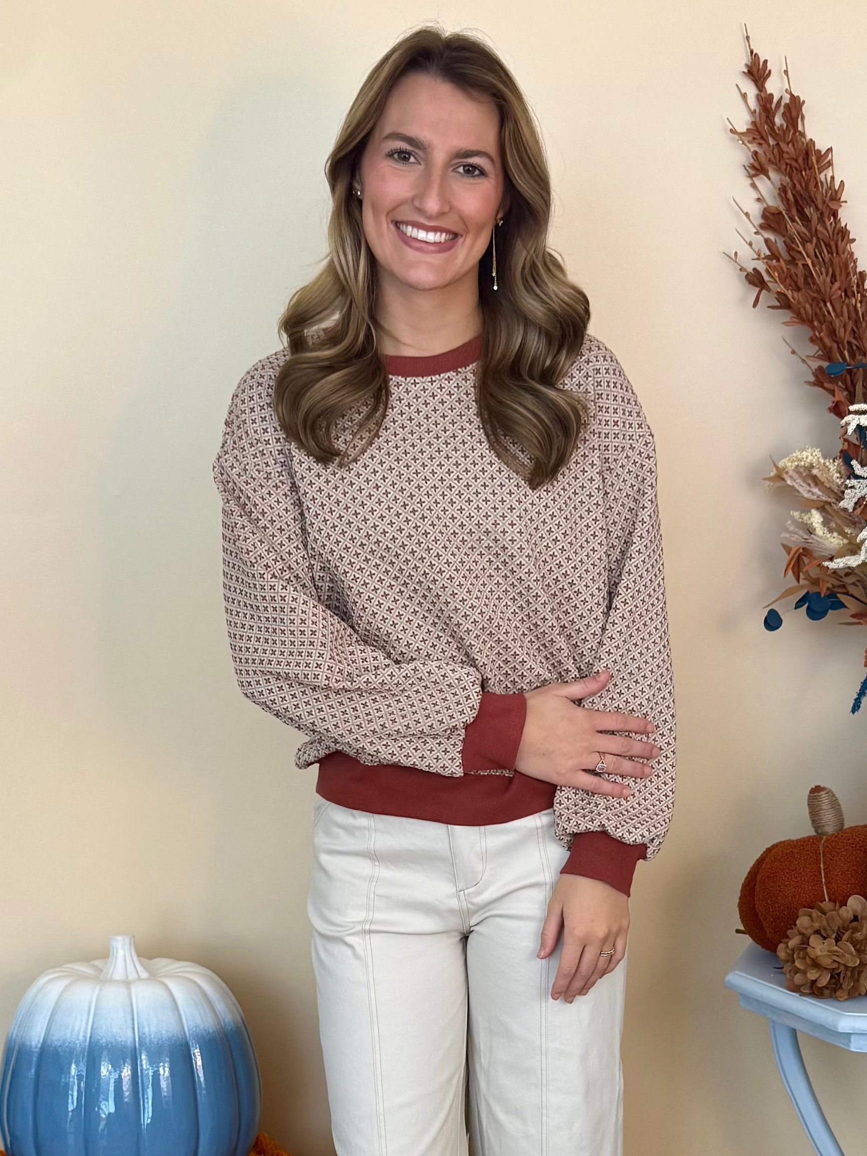 Casual Cutie Rust Jacquard Long Sleeve Top-Shop-Womens-Boutique-Clothing