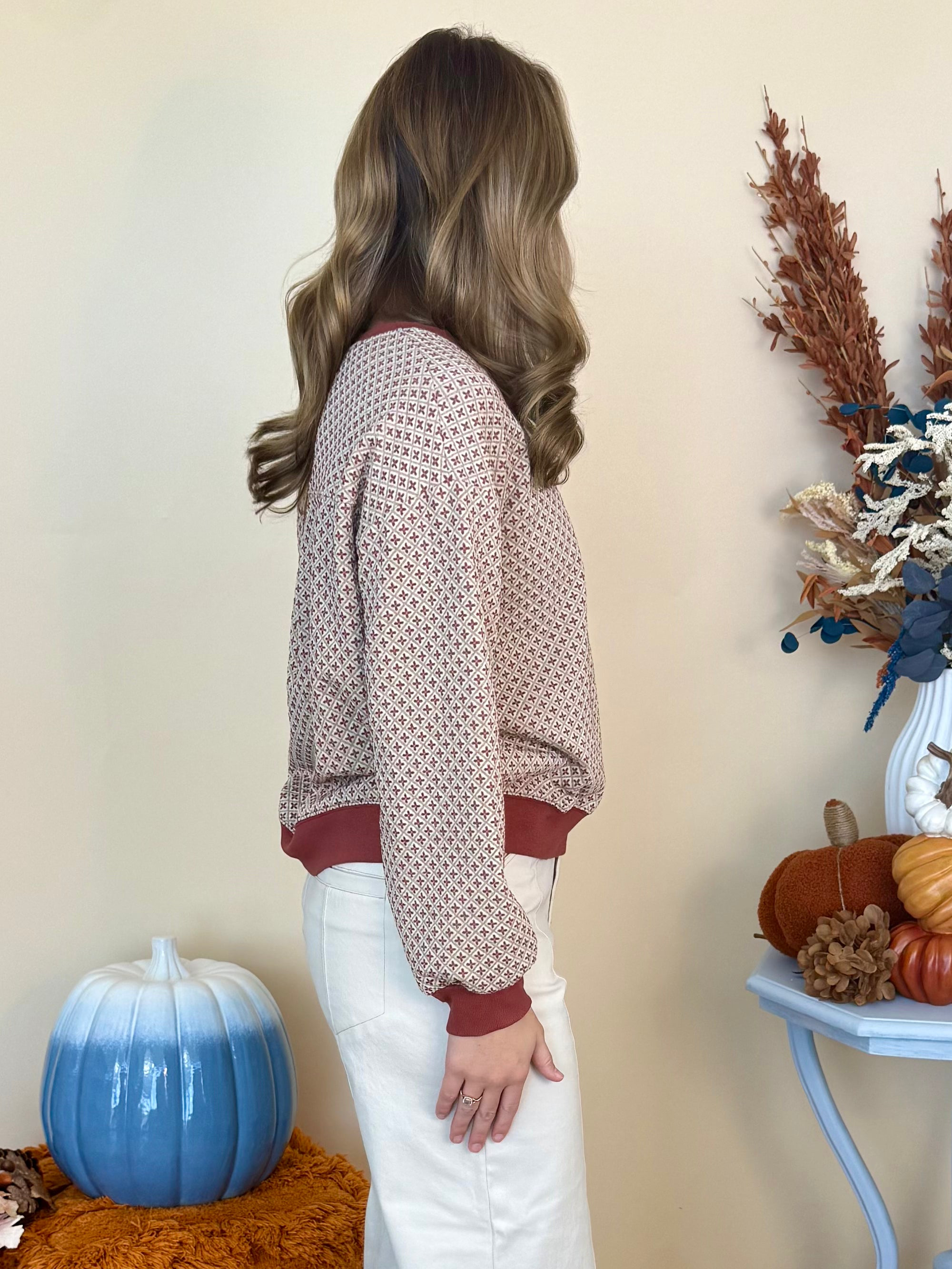 Casual Cutie Rust Jacquard Long Sleeve Top-Shop-Womens-Boutique-Clothing