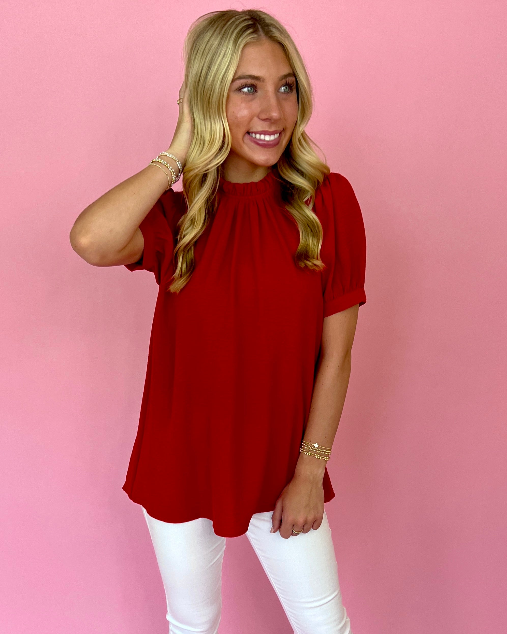 Brighter Days Ahead Tomato Red Puff Sleeve High Neck Top-Shop-Womens-Boutique-Clothing