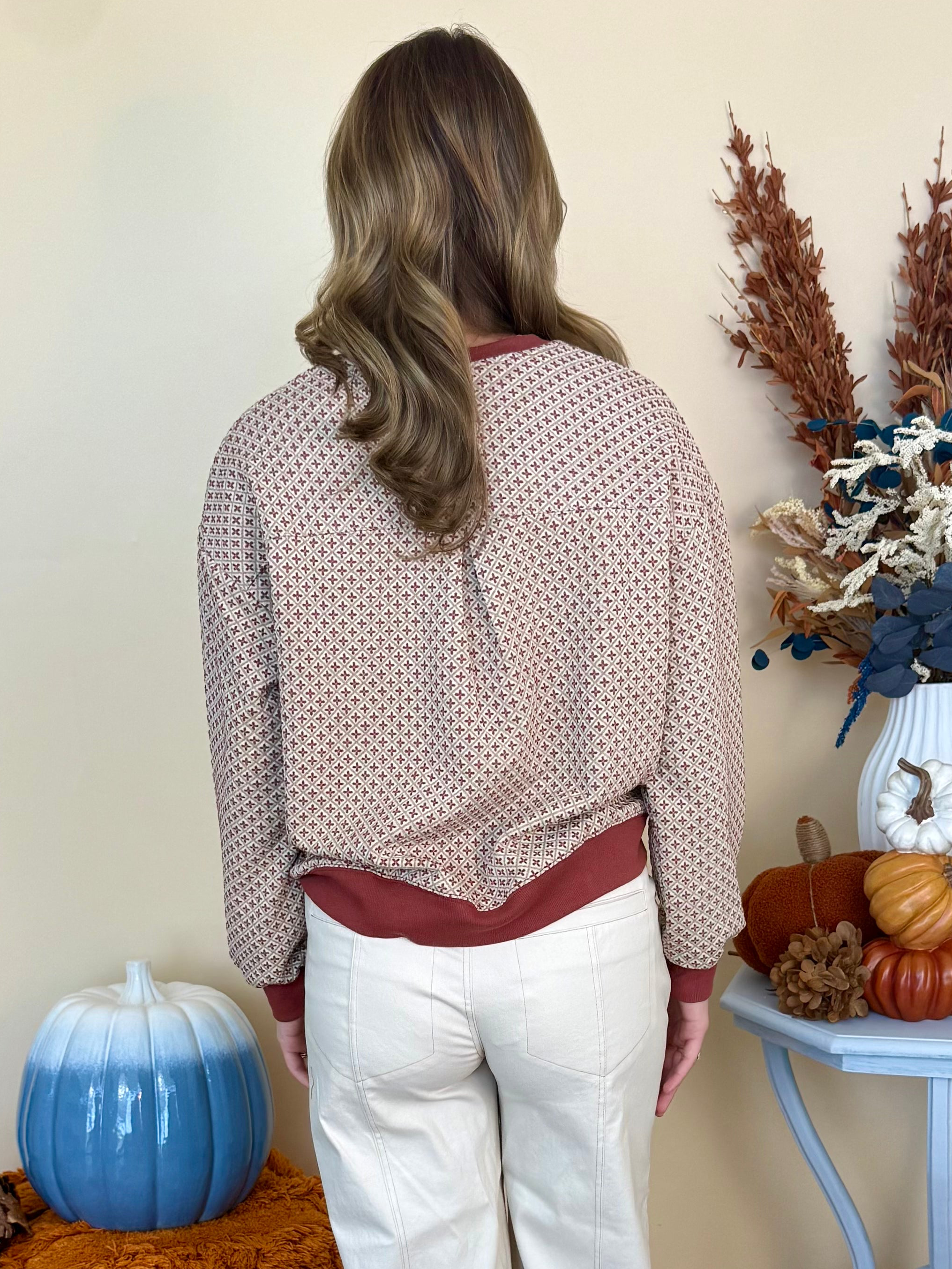 Casual Cutie Rust Jacquard Long Sleeve Top-Shop-Womens-Boutique-Clothing