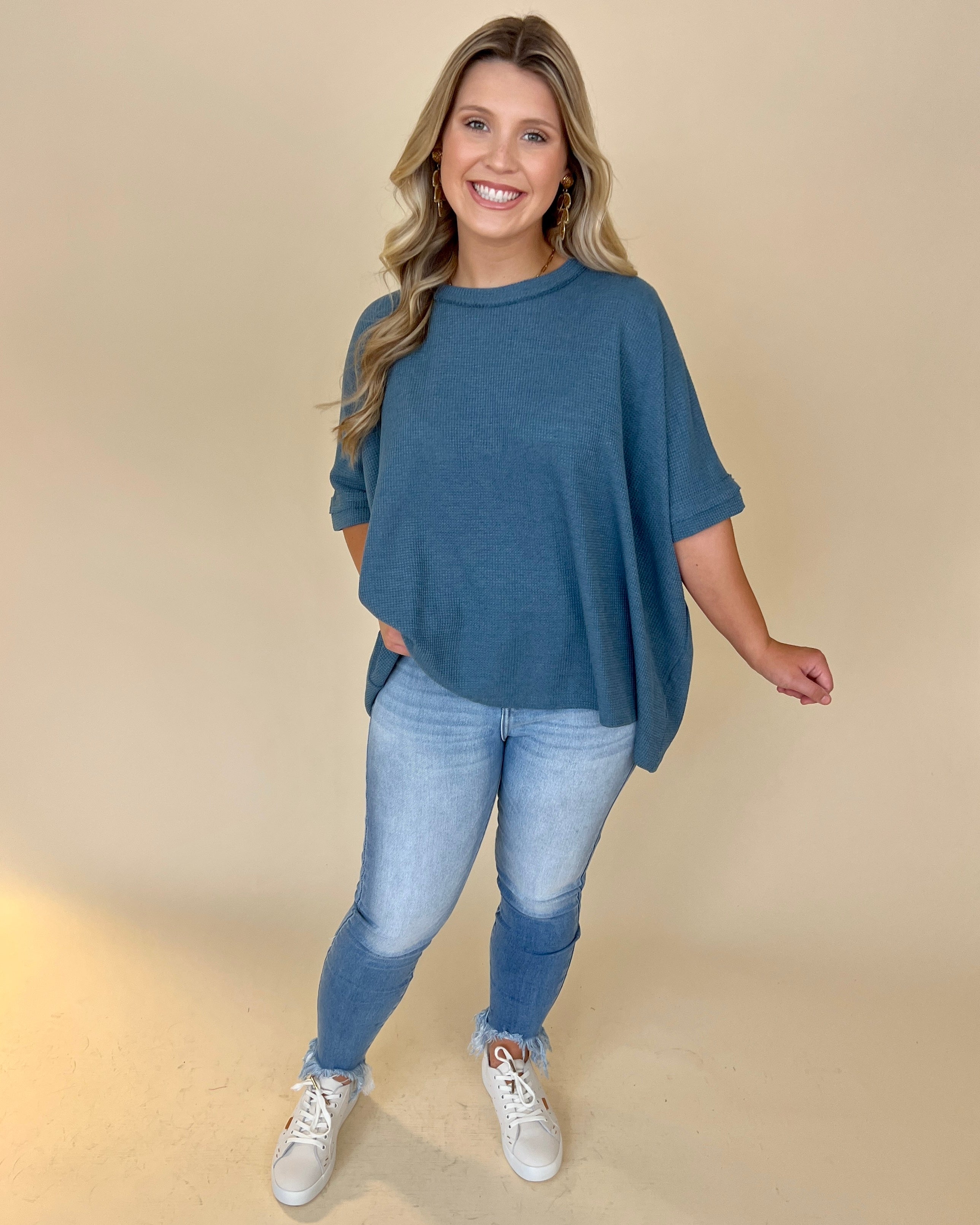 Find Myself Dusty Blue Waffle Texture Round Neck Top-Shop-Womens-Boutique-Clothing