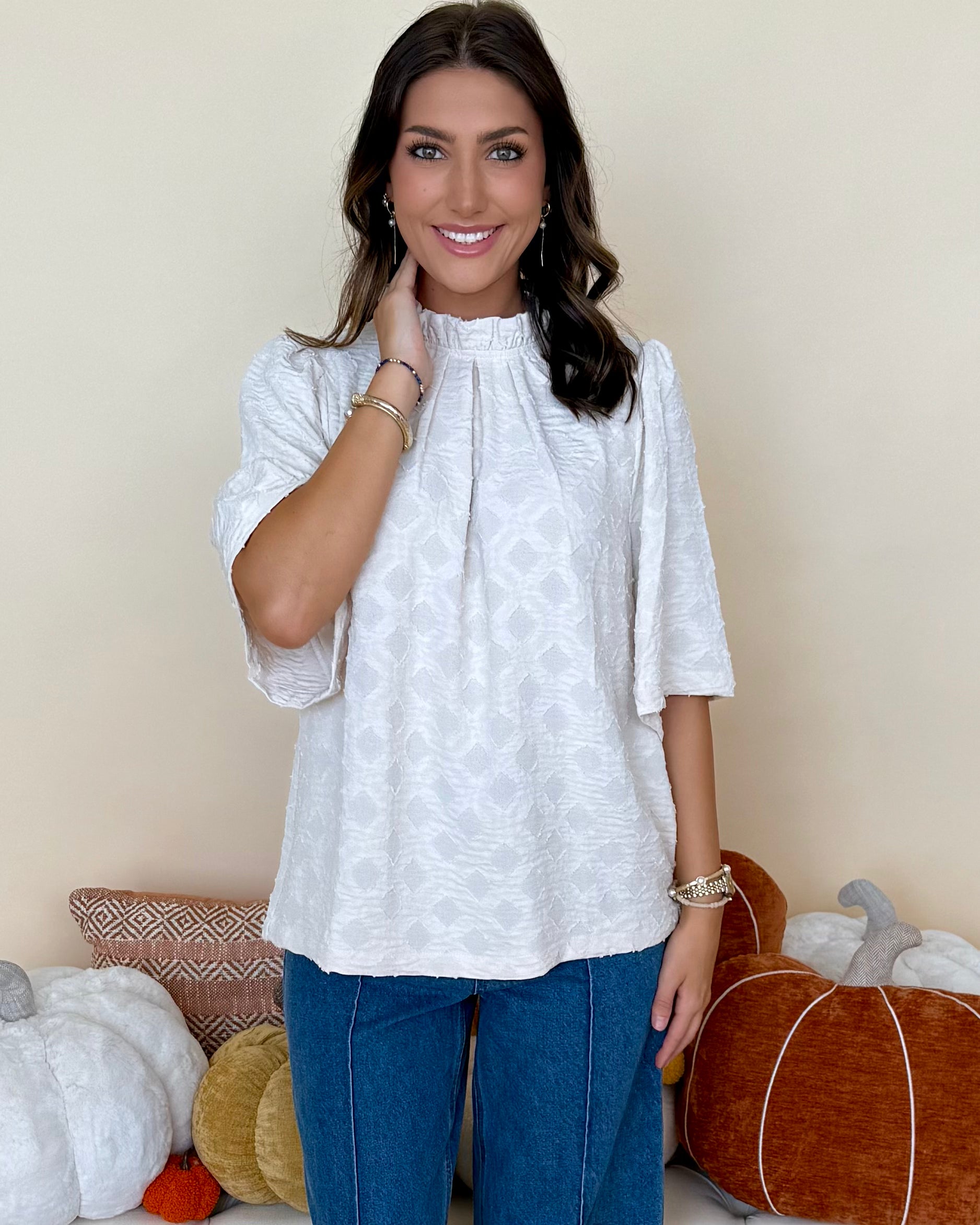 Look Your Best Cream Jacquard Ruffle Top-Shop-Womens-Boutique-Clothing