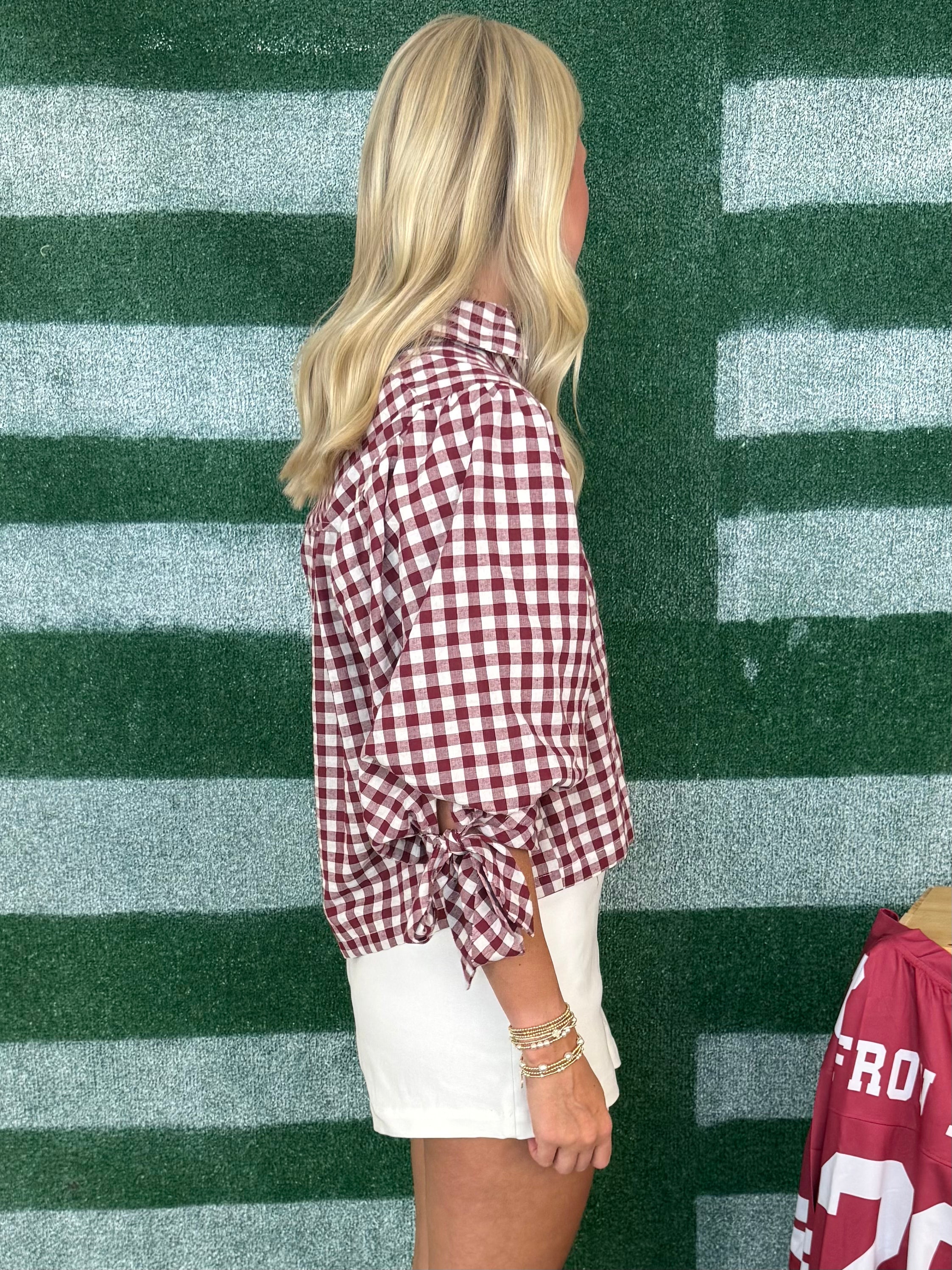 Team Colors Wine Gingham Button Front Top-Shop-Womens-Boutique-Clothing