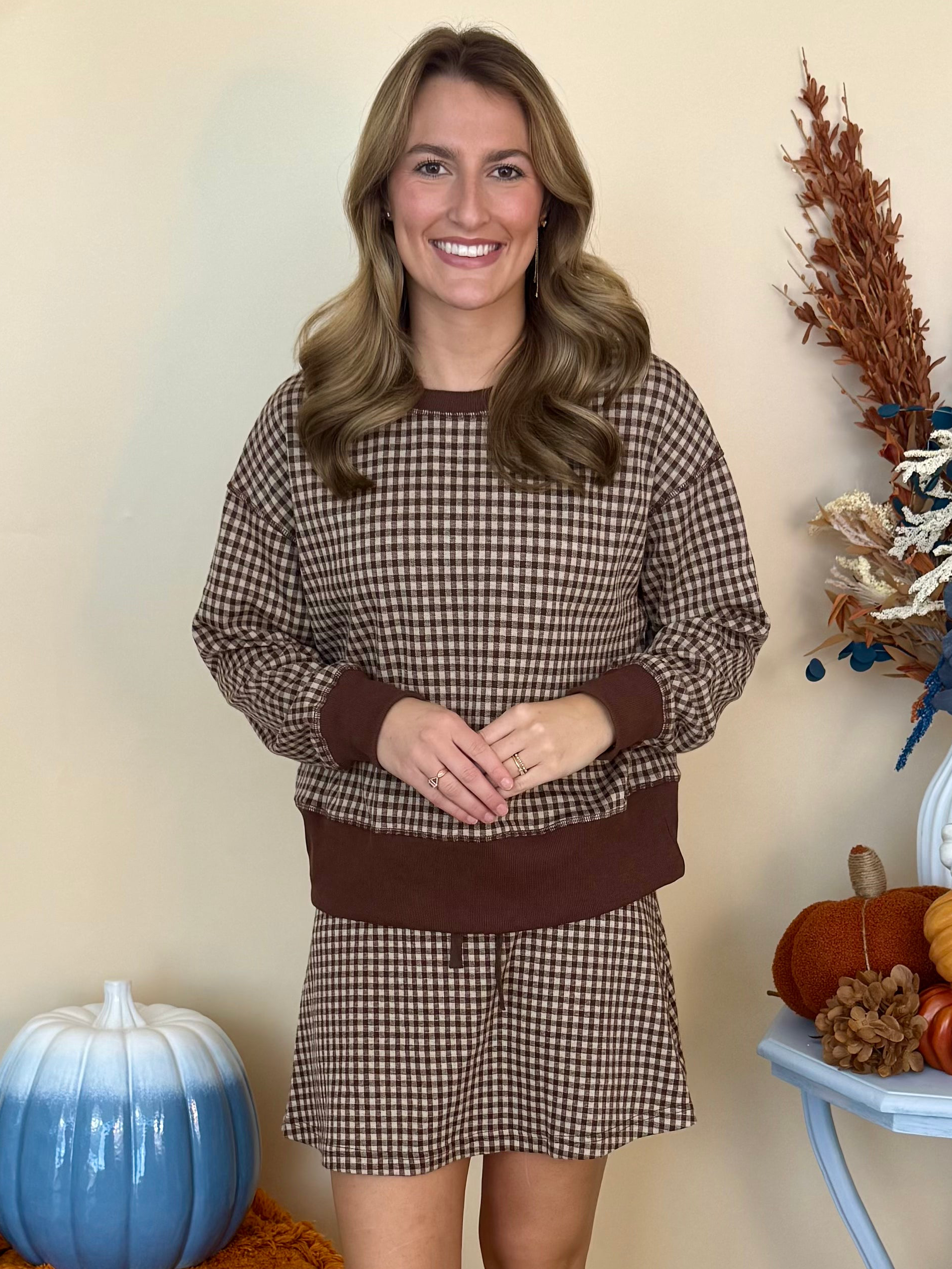 Gather Around Brown Gingham Sweatshirt-Shop-Womens-Boutique-Clothing