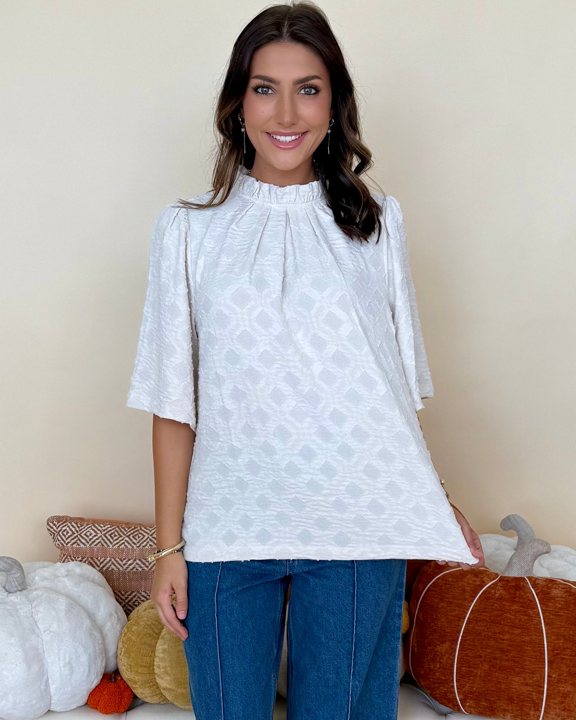 Look Your Best Cream Jacquard Ruffle Top-Shop-Womens-Boutique-Clothing