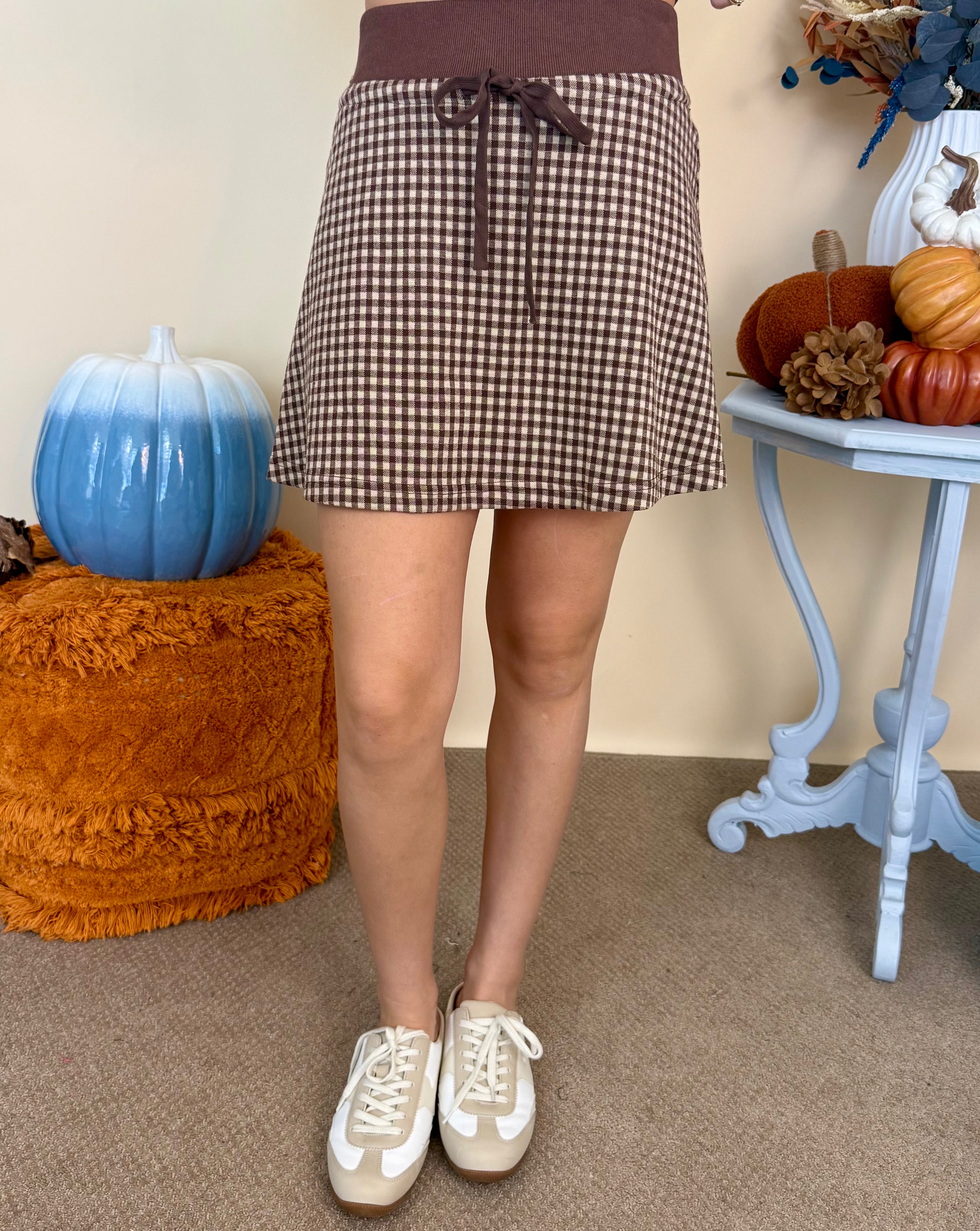 Lost in Love Brown Gingham A Line Skort-Shop-Womens-Boutique-Clothing