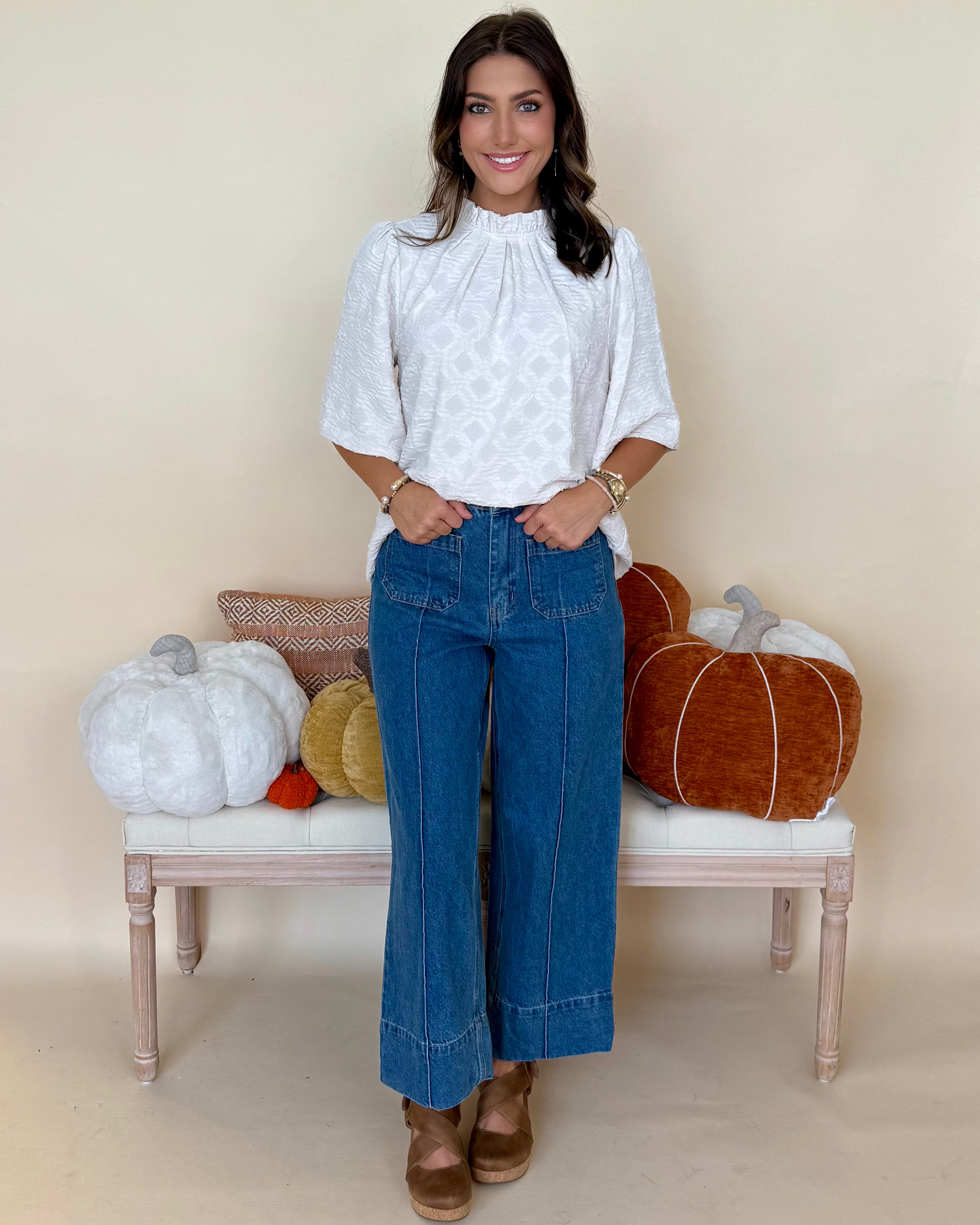 Look Your Best Cream Jacquard Ruffle Top-Shop-Womens-Boutique-Clothing