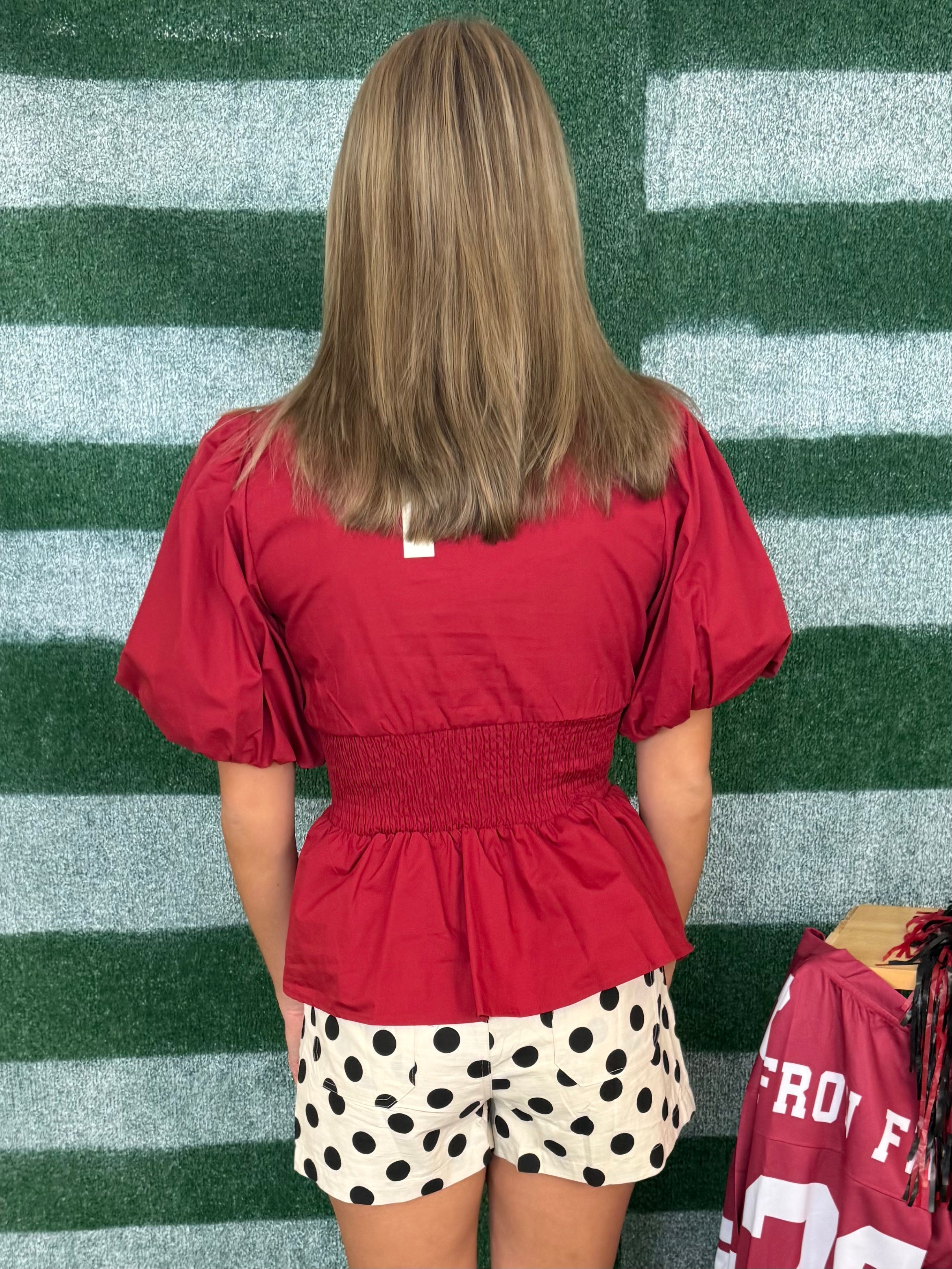 Victory Lap Garnet Smocked Front Zip Top-Shop-Womens-Boutique-Clothing