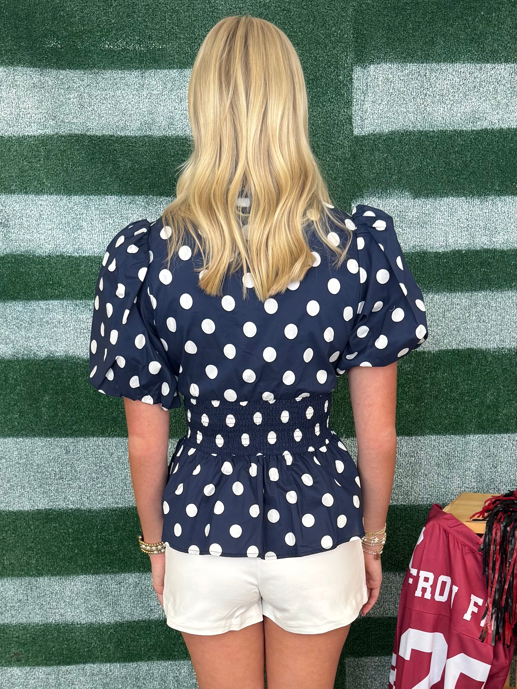 Football Feels Navy Polka Dot Smocked Top-Shop-Womens-Boutique-Clothing