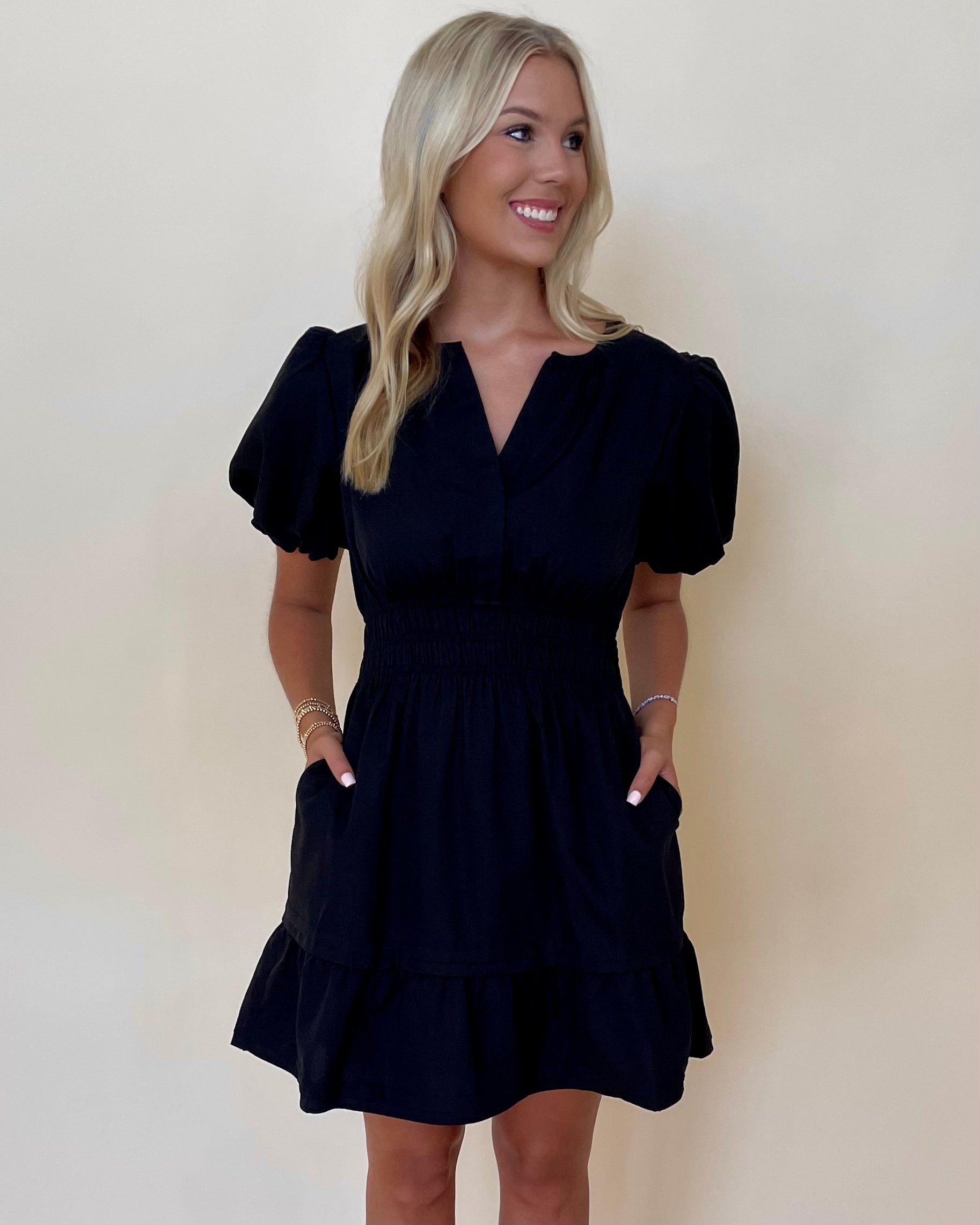 In Pursuit Black Smocked Dress-Shop-Womens-Boutique-Clothing