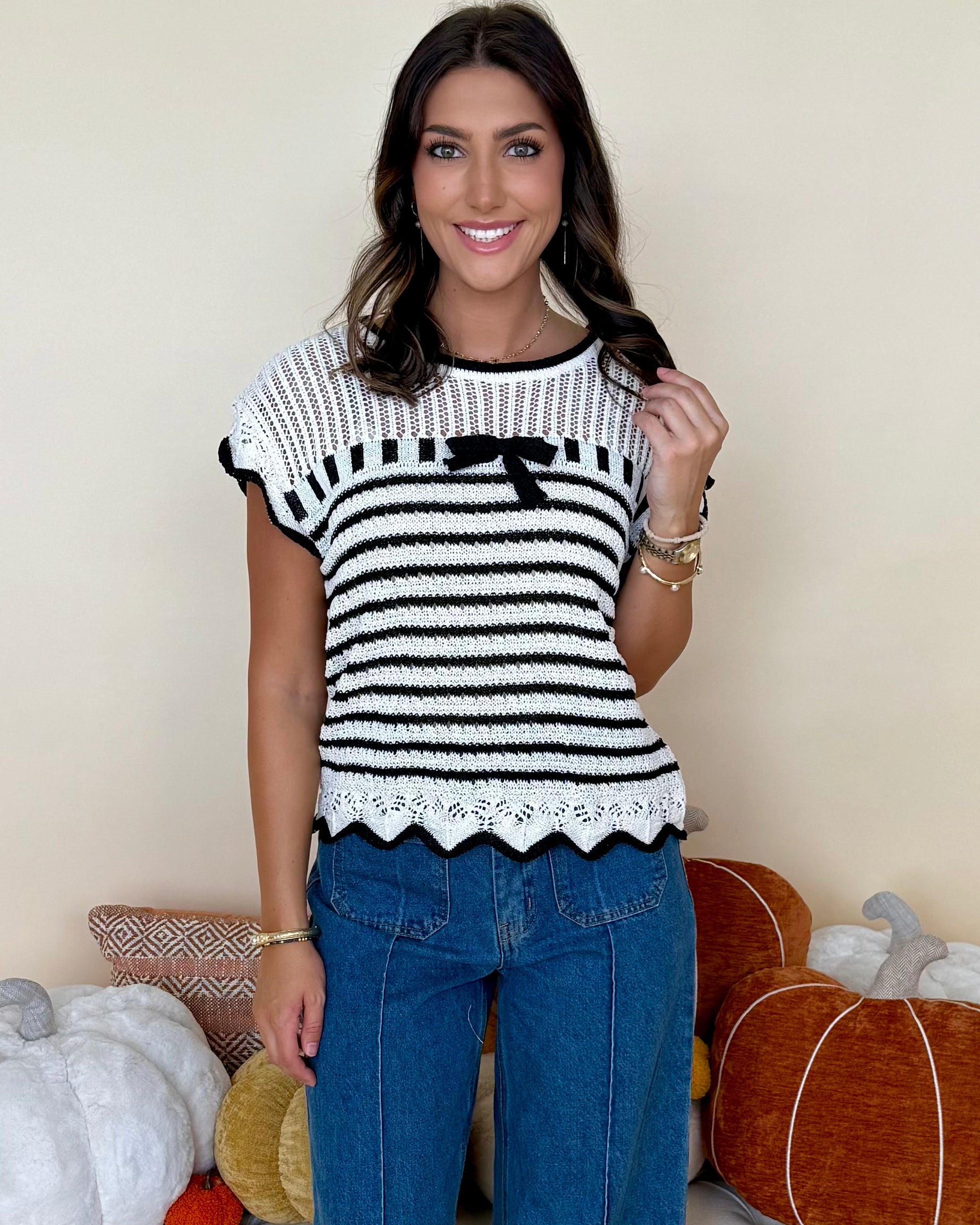 Just Ask Oatmeal/Black Striped Crochet Sweater-Shop-Womens-Boutique-Clothing