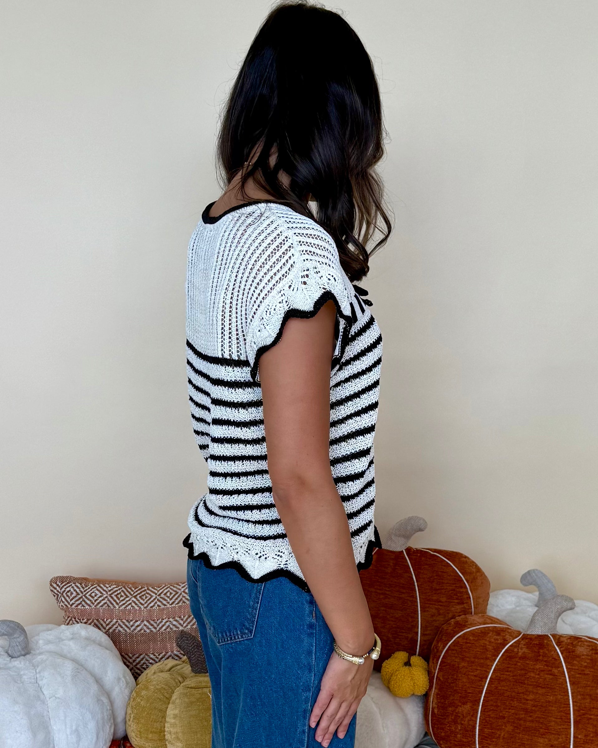 Just Ask Oatmeal/Black Striped Crochet Sweater-Shop-Womens-Boutique-Clothing