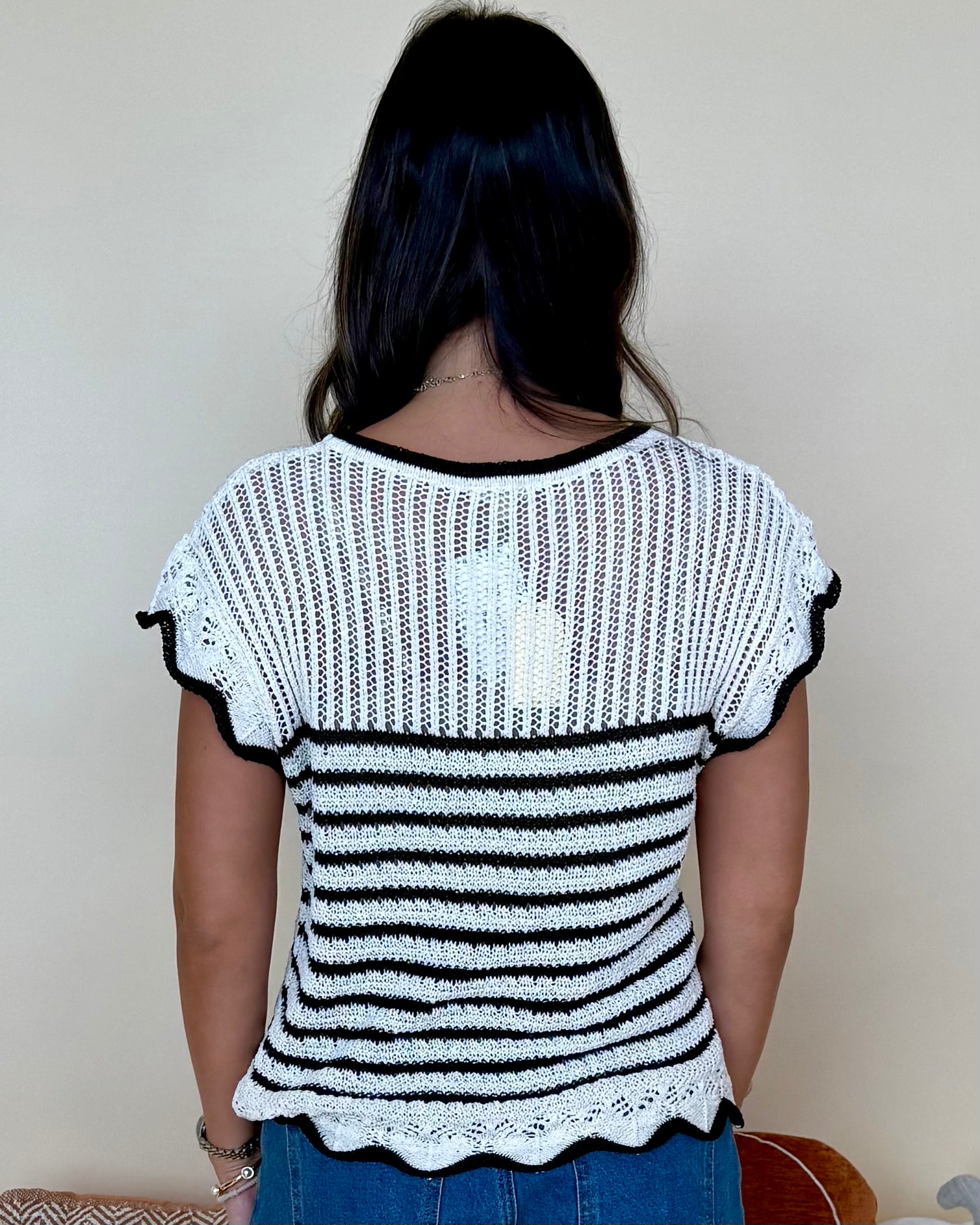 Just Ask Oatmeal/Black Striped Crochet Sweater-Shop-Womens-Boutique-Clothing