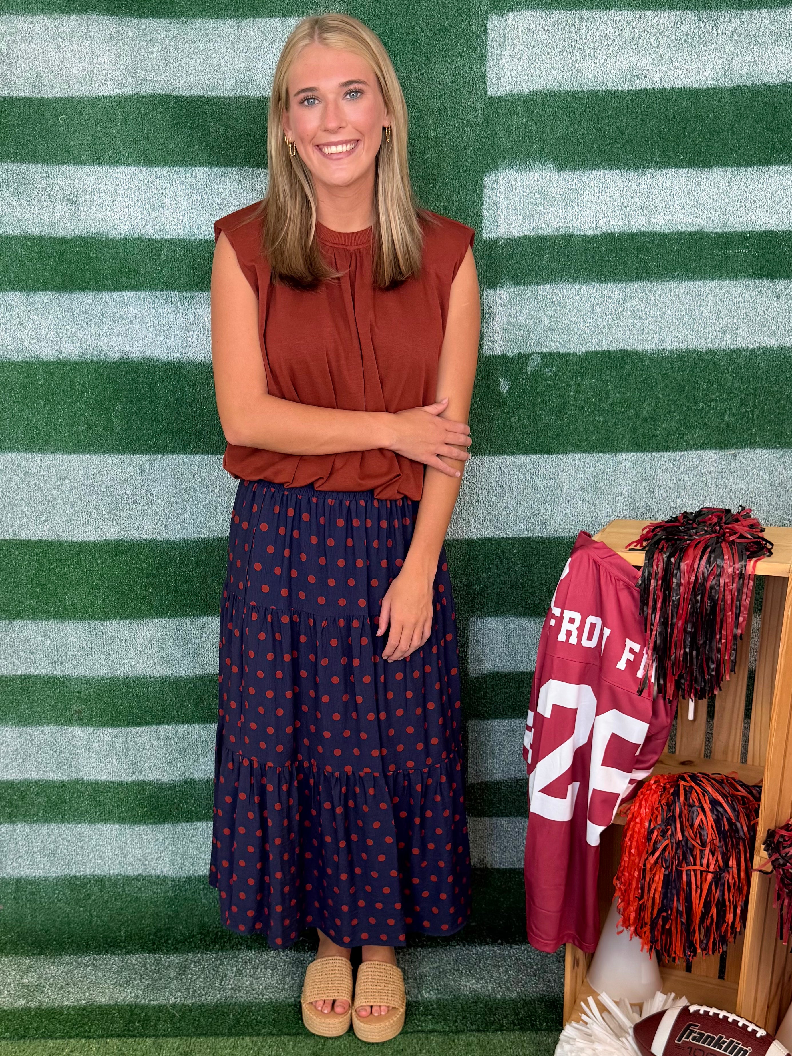 Happiness Ahead Navy Rust Polka Dot Maxi Skirt-Shop-Womens-Boutique-Clothing