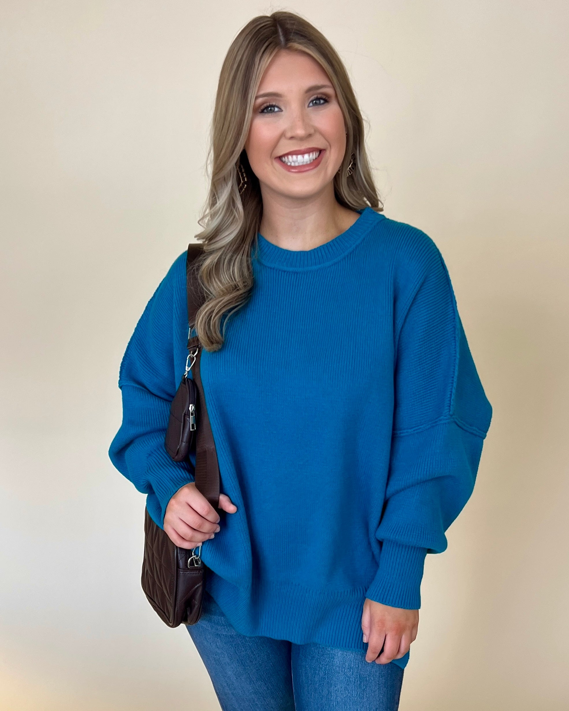 Enjoy The View Ocean Blue Ribbed Sweater-Shop-Womens-Boutique-Clothing