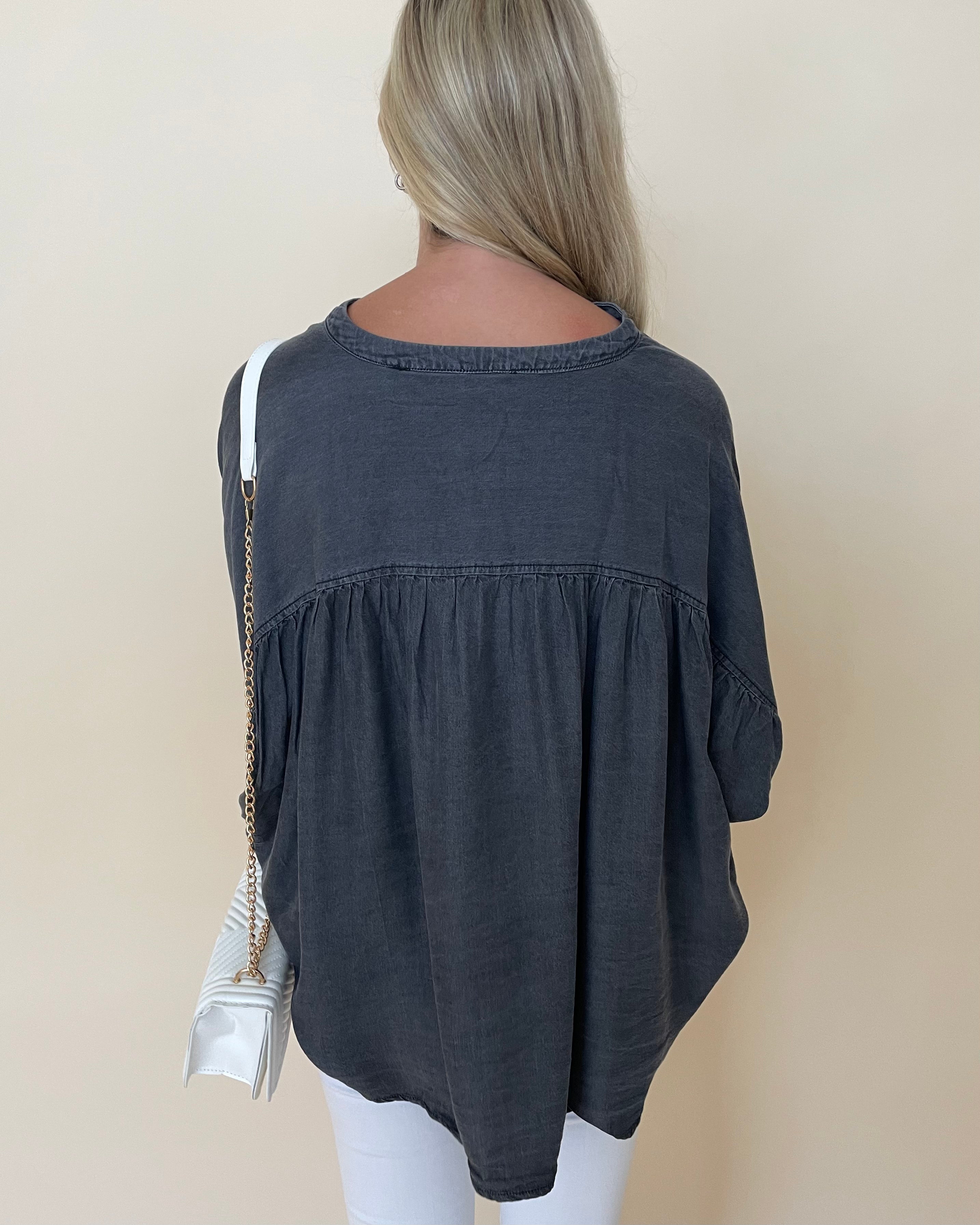 The Reason Denim Black 3/4 Sleeve Top-Shop-Womens-Boutique-Clothing